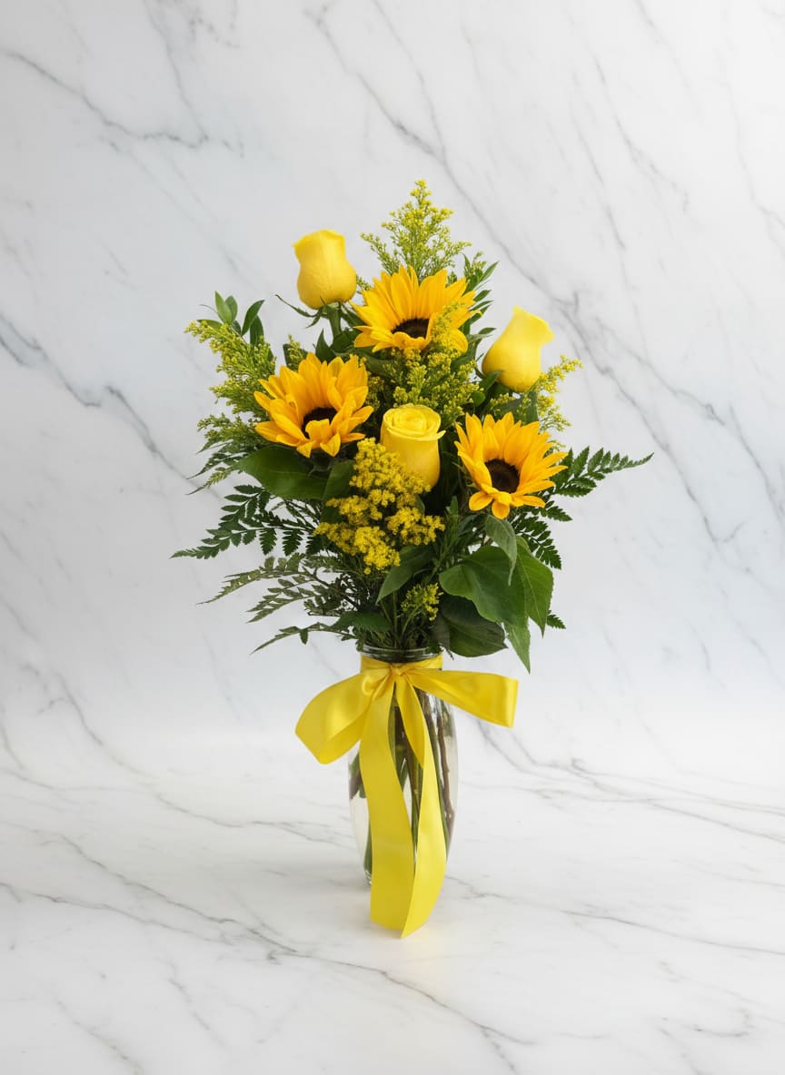 Tall arrangement of yellow sunflowers and roses in a clear vase with a yellow ribbon bow