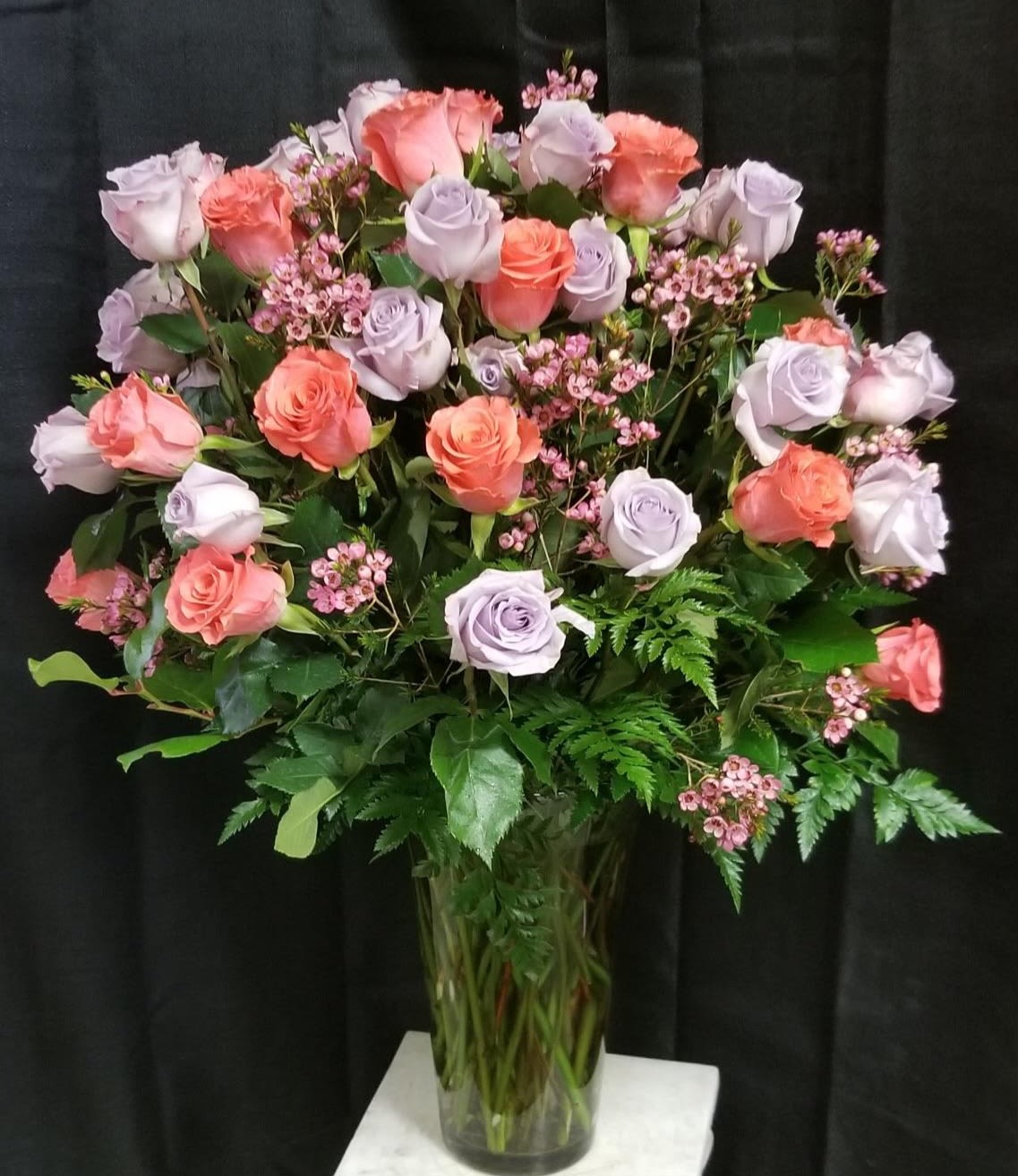 Spring Lavender - three dozen of roses in a finest crystal vase