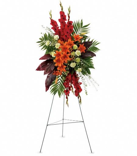 T271-2A A New Sunrise Spray - When a loved one has passed, this radiant spray of red and orange flowers will be a reminder of happy times past that will never be forgotten. The stunning arrangement includes orange Asiatic lilies, red gladioli, green carnations, peach hypericum, emerald palm and red ti leaves, accented with assorted greenery. Approximately 31" W x 50" H 