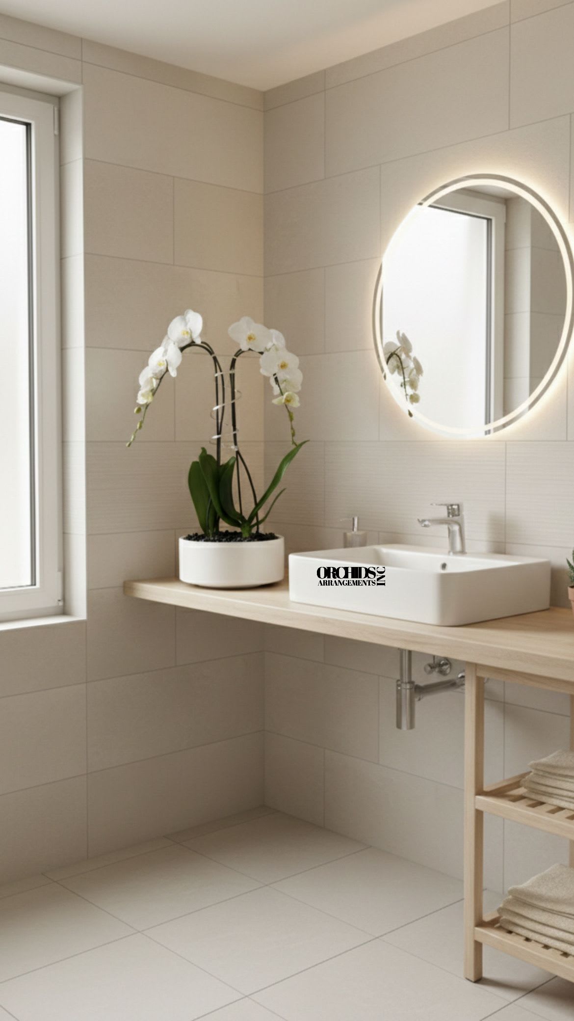 White Phalaenopsis Orchid – Modern Centerpiece - This elegant Single White Phalaenopsis Cascade orchid arrangement creates a striking vertical presence, making it ideal for grand interiors and modern living spaces with a vase 13" D X 6" T. 