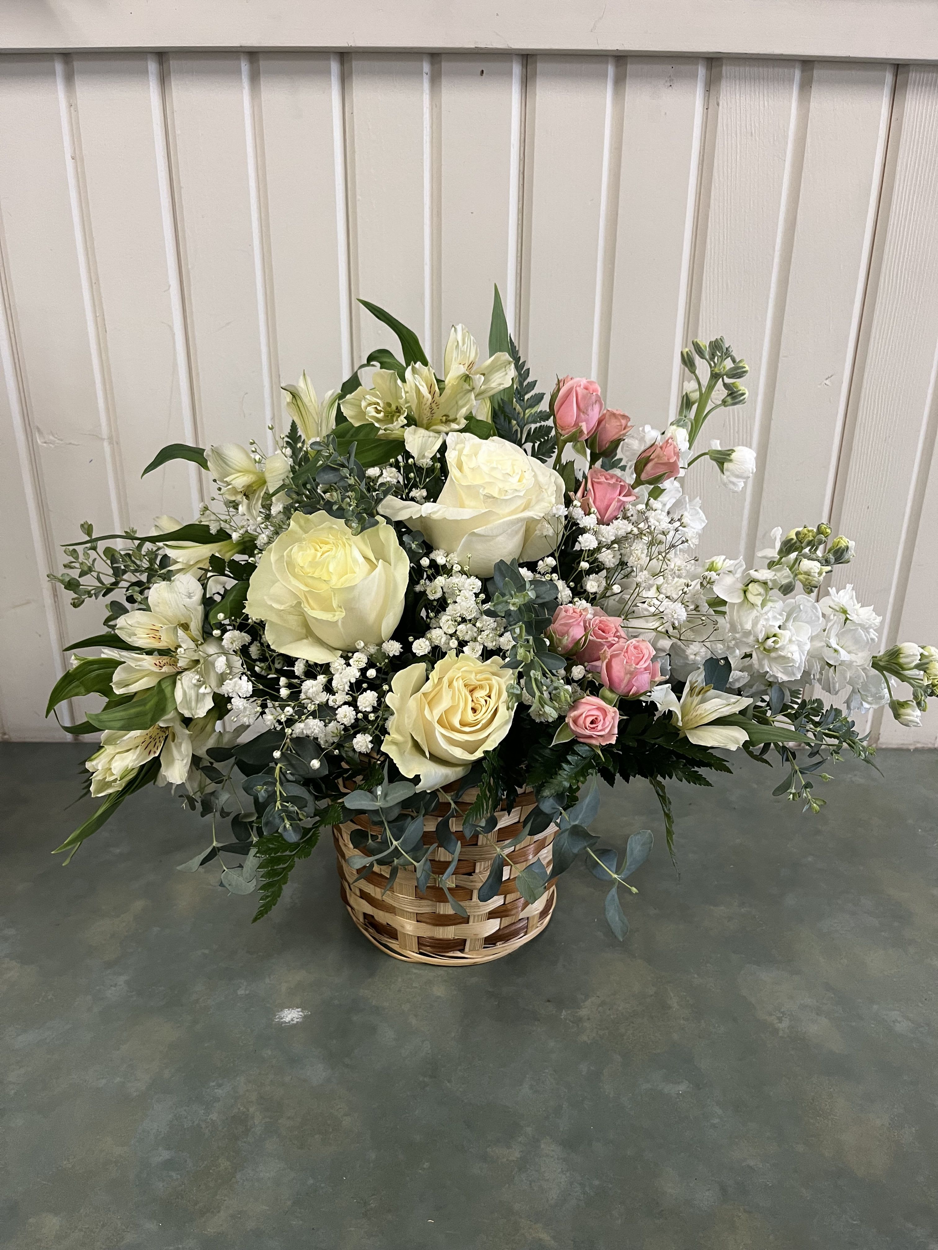  Love's Journey - White roses, stock, spray roses, alstromoeria &amp; larkspur in a wicker basket