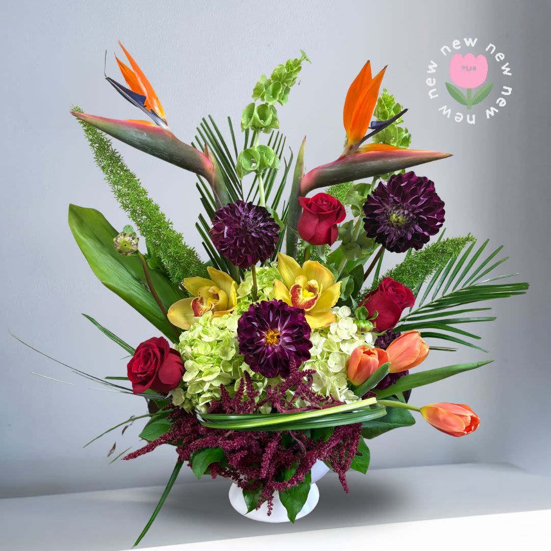 Golden Ember - Our new Golden Ember has already sold twice as a men’s gift — making it the perfect pick for birthdays!   Featuring seasonal dahlias (get them before they’re gone!), striking tropical birds of paradise for height, bright yellow orchids and tulips that pop, lush fern and dianthus for nature's grass feel, finished with burgundy amaranthus and bear grass swirling elegantly around the base.  Seasonal: Seasonal Dahlias (get it before they go out of season!) Orientation: Front Facing View Photo shown: Standard 