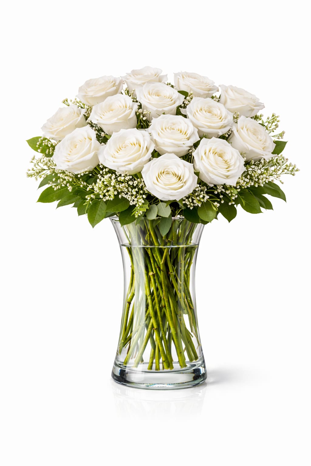 1 Dozen White Roses  - 12 white roses, with mixed greens.  *Vase/container may vary depending on availability of stock at time of purchase. *We strive to use the flowers shown whenever possible; however, substitutions of equal or greater value may be made based on seasonal and market availability. 