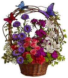 Butterfly Garden - Spring garden in a basket with dancing butterflies and assorted spring flowers. 