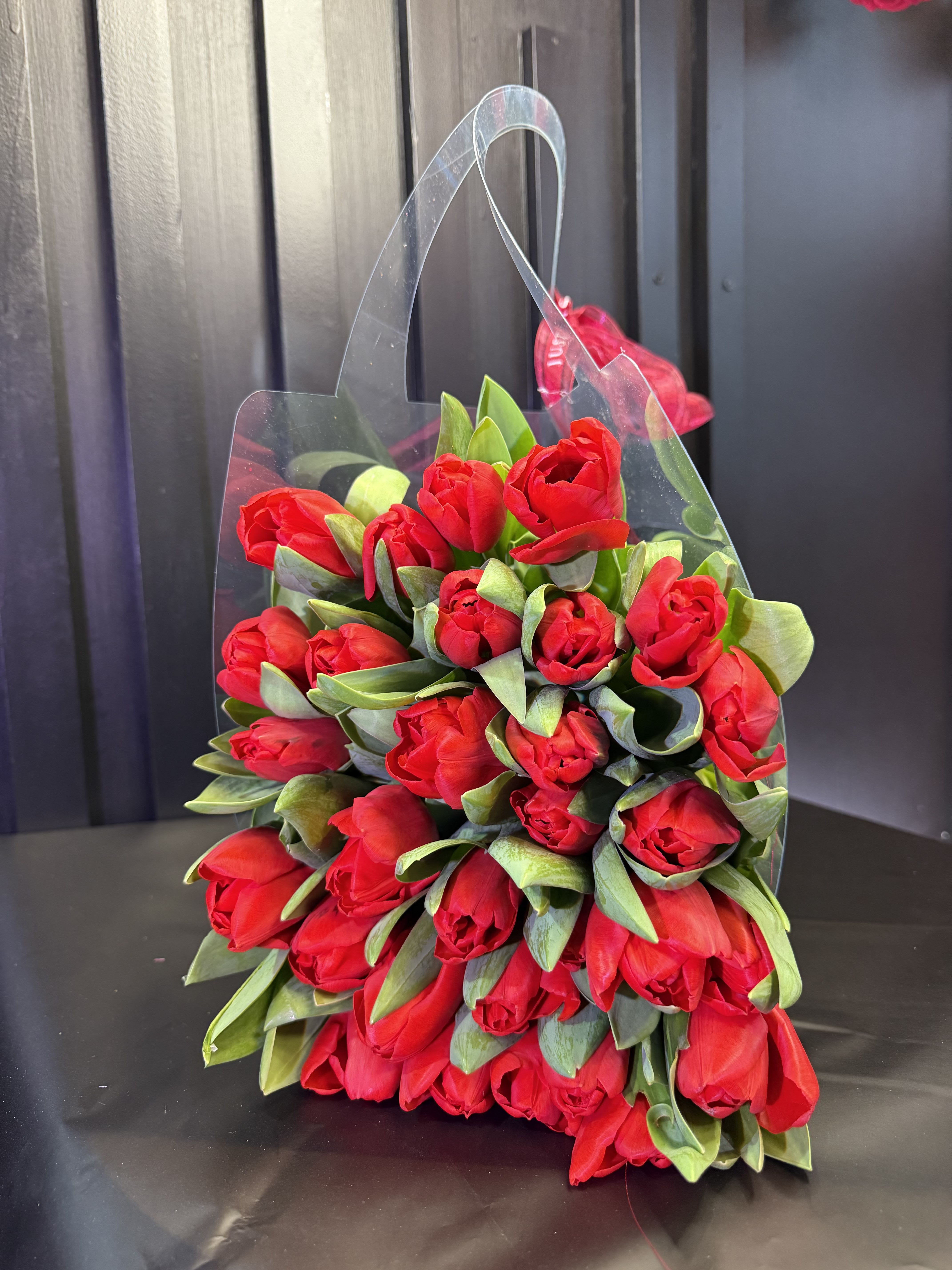 Red Tulip Bag  - An elegant clear bag with 30 stems of Holland tulips .3 BUNCHES 
