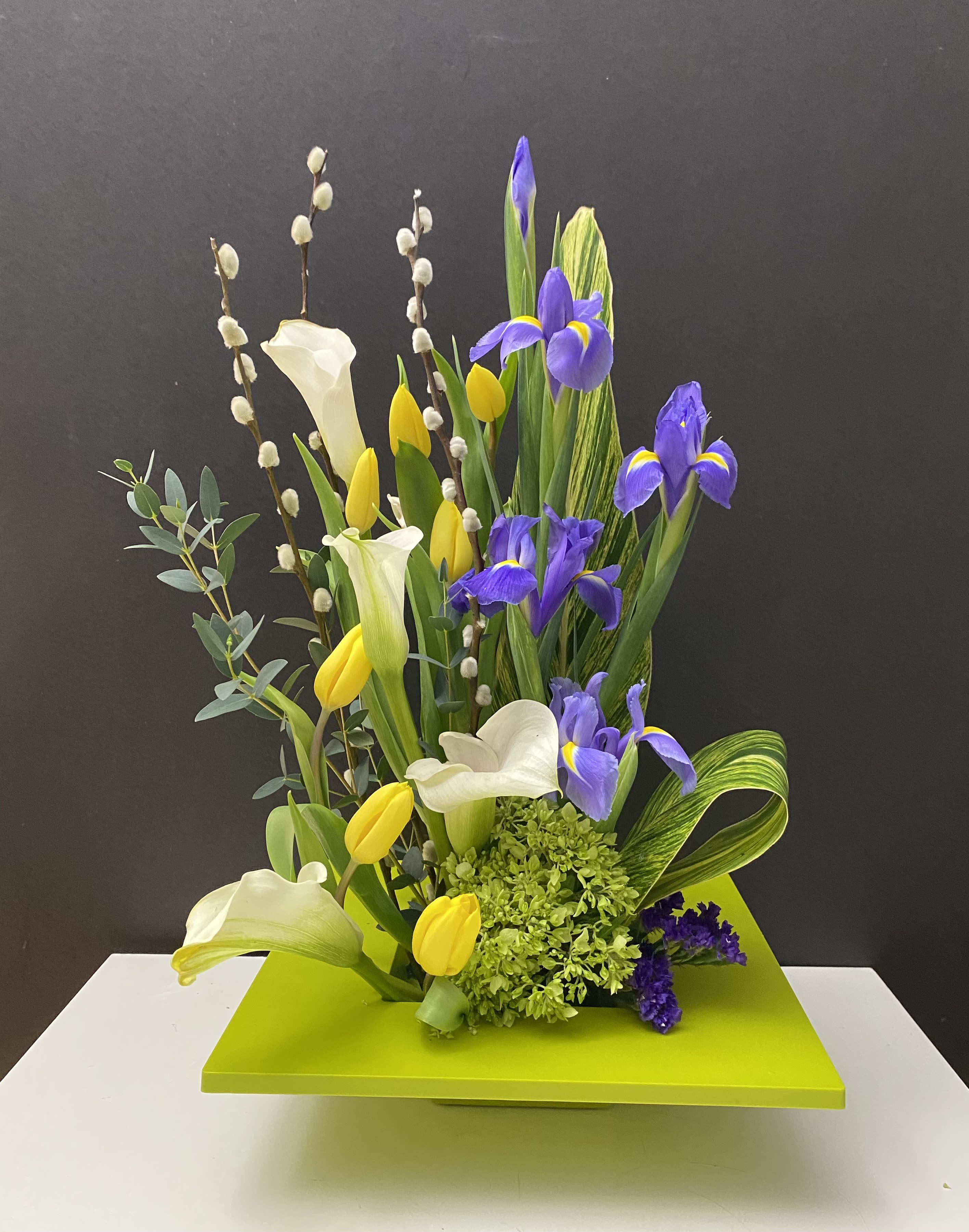 New Beginnings  - Mini Callas , Tulips, Irises, green in plastic container 