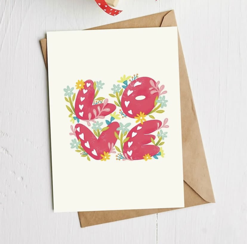 Love Anniversary Card - "LOVE" Anniversary Card.    Details: - Size (4.25 x 5.5 inches folded).  -Printed on premium 16pt thick cardstock with a matte finish.  -Paired with a coordinated kraft or holiday color envelope.  -BLANK INSIDE  -Hand Drawn