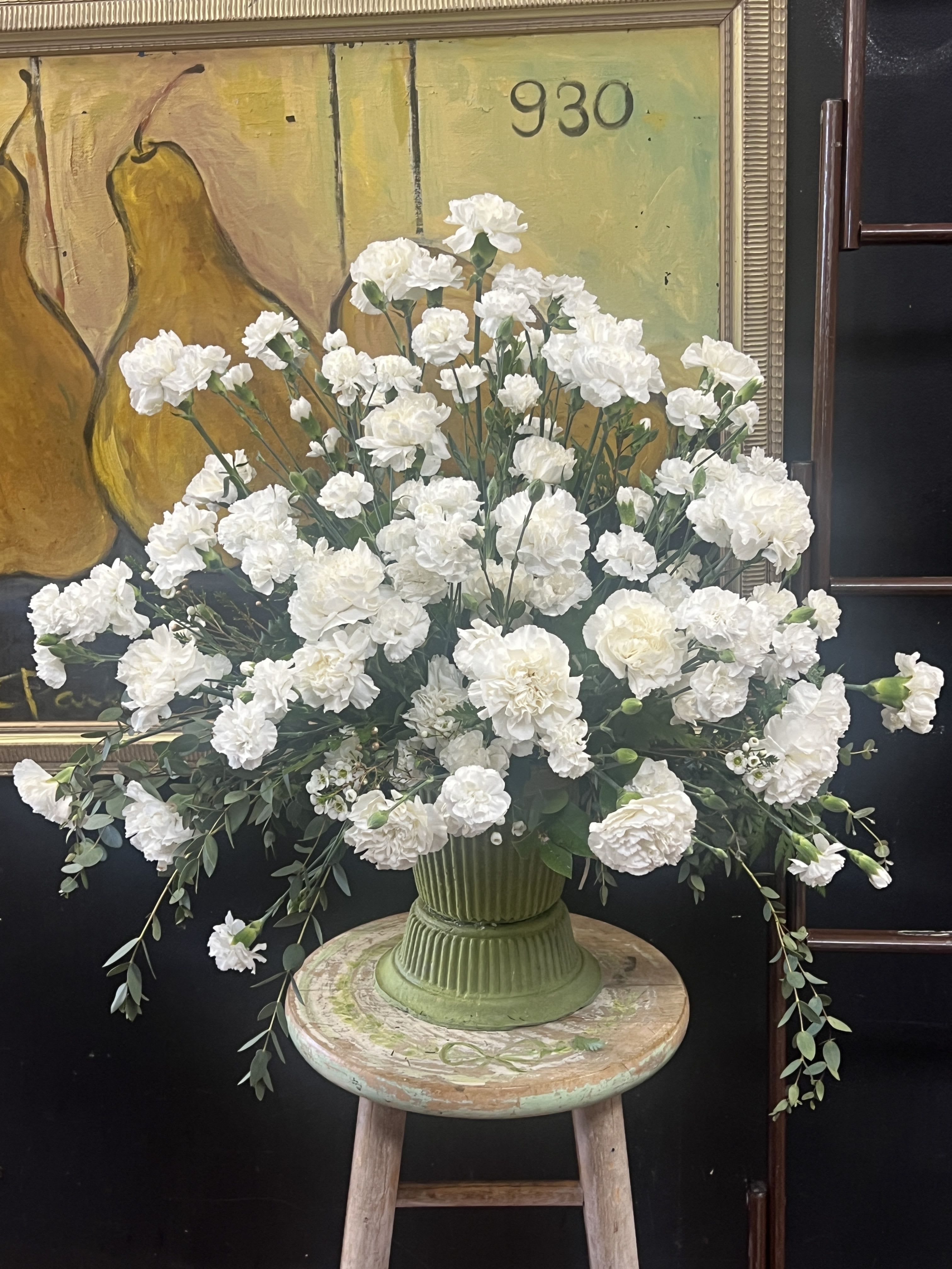Dianthus Tribute  - Mache vase with al carnations and mini carnations in white (Any color available by your request)