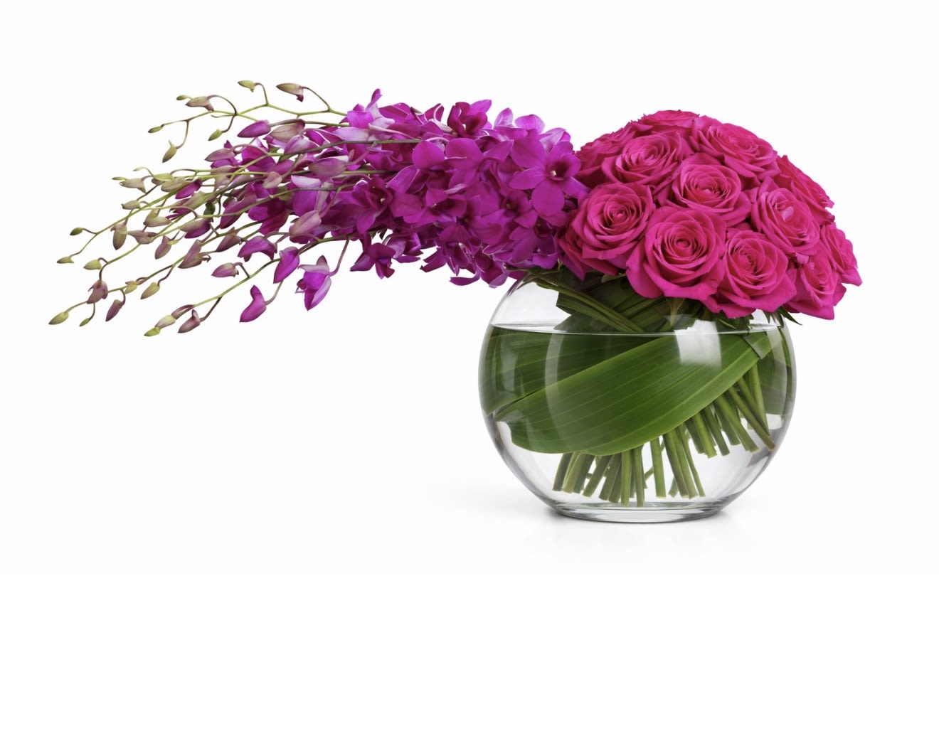 Orchids rose - Vase with hot pink roses and purple dendrobium, with some green leaves