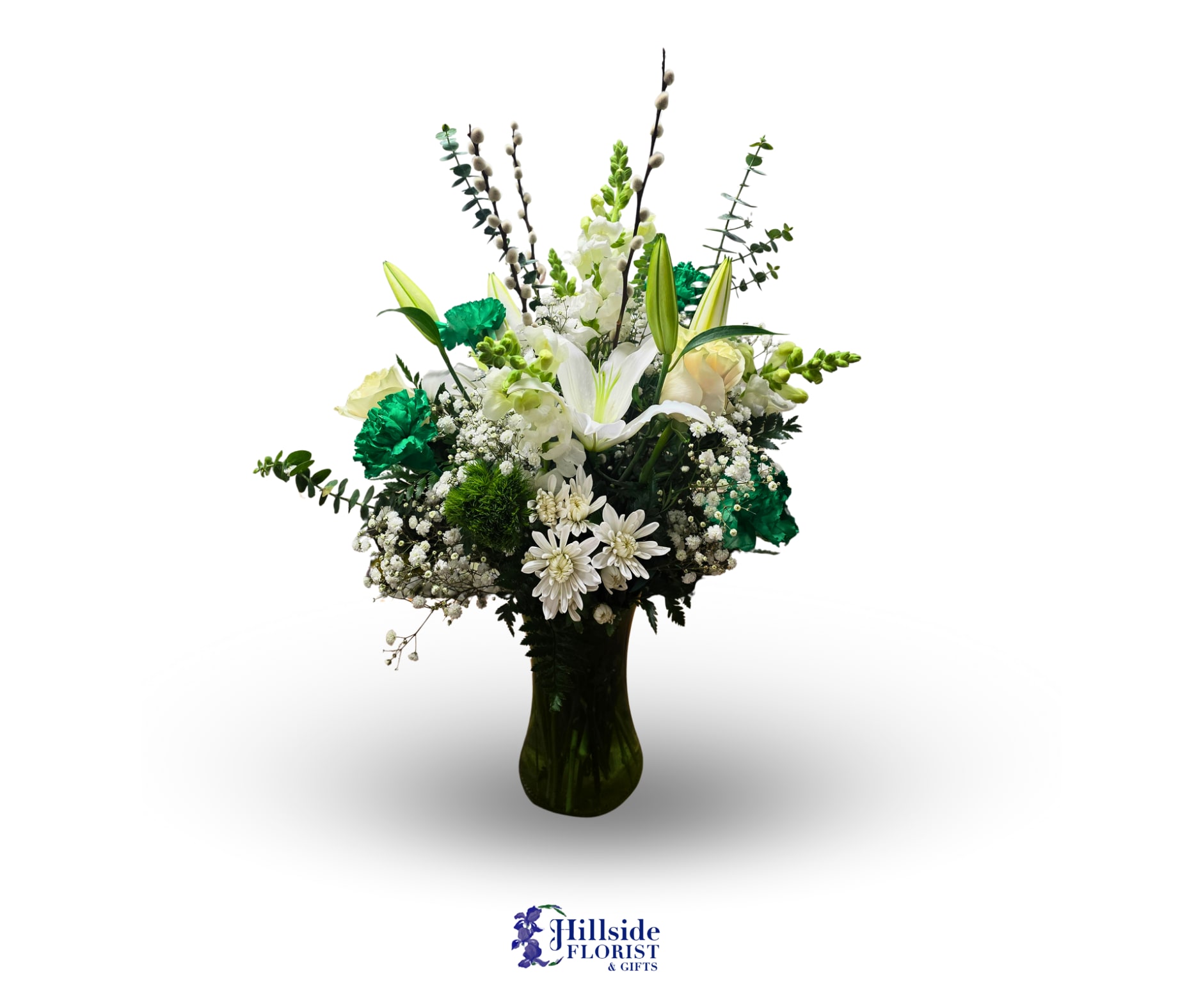 Irish Eyes  - Irish eyes will be smiling when you present this beautiful arrangement for St. Patrick's Day. The mix of White Roses, Green Carnations, Lilies will make any angel sing. Steal her heart away by giving us a call to order.   LOCAL DELIVERY ONLY 
