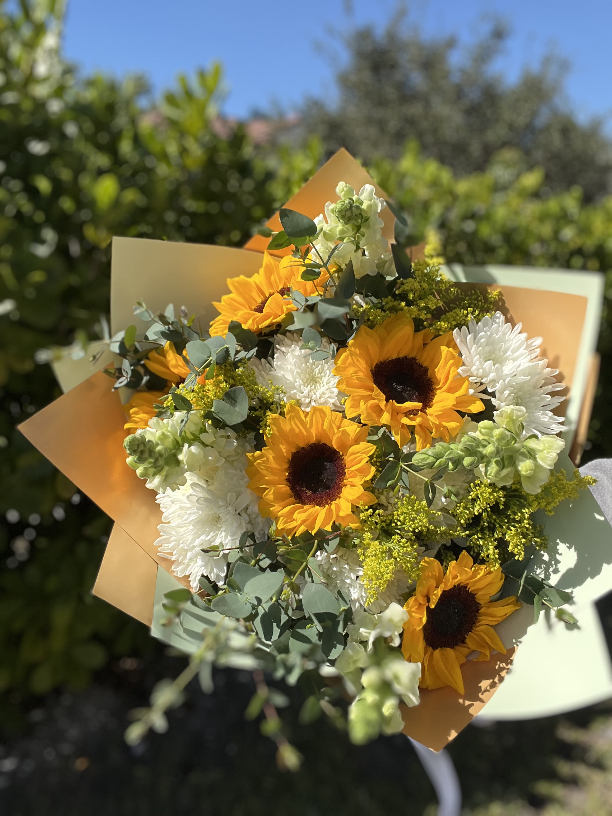 Sunshine Bloom - Sunshine Bloom is a joyful, radiant bouquet designed to brighten any day. Featuring vibrant sunflowers paired with soft white blooms, fresh greenery, and delicate seasonal accents, this arrangement feels warm, cheerful, and full of life.  Its golden tones and airy textures create a bouquet that’s perfect for birthdays, celebrations, thank-you gifts, or sending a little sunshine to someone you love.  Because we work with fresh, seasonal flowers, each bouquet is thoughtfully designed using the best blooms available at the time. While the color palette and style will remain true to the design, the exact flowers may vary. Making every bouquet uniquely beautiful.