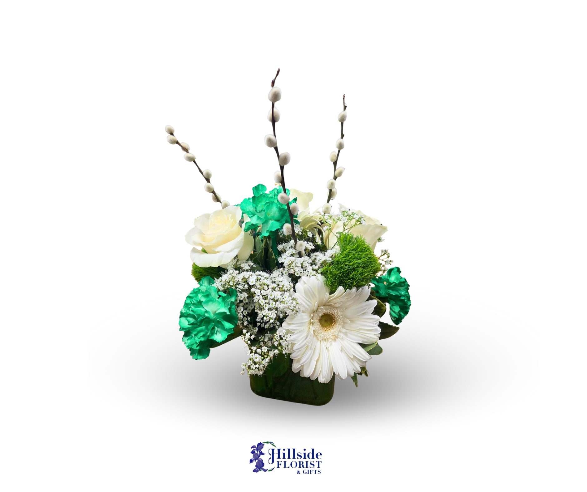 Pot of Gold - Lucky the Leprechaun left this pot of flowers for all of our customers. Green Carnations, White Roses, White Gerbera Daisies are a great mix for St. Patrick's Day. If you dig down far enough, maybe there is some gold laying around!    LOCAL DELIVERY ONLY 