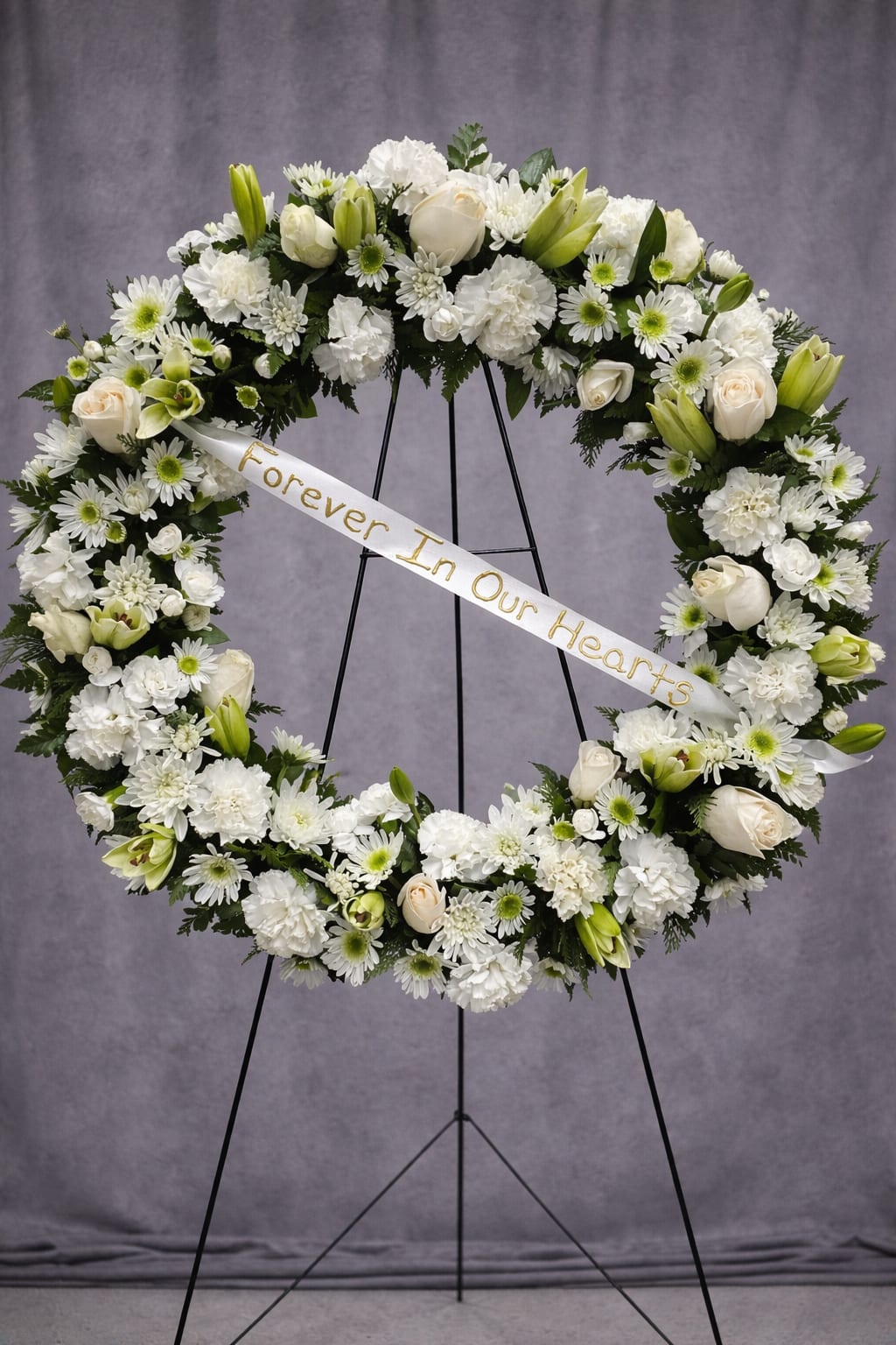 Together Forever - Together Forever is a timeless and elegant standing wreath designed to symbolize eternal love and remembrance. This full circular tribute features a serene blend of white roses, carnations, daisy mums, and fresh lily buds, thoughtfully arranged with lush greenery to create depth and graceful balance.  The continuous ring design represents unending devotion and everlasting connection — a meaningful expression of love that lives on beyond parting. Accented with a satin ribbon bearing a heartfelt message, Together Forever offers comfort, dignity, and a beautiful tribute to a life deeply cherished. Displayed on a standing easel, this wreath is a classic and graceful presence at funeral services or memorial gatherings.