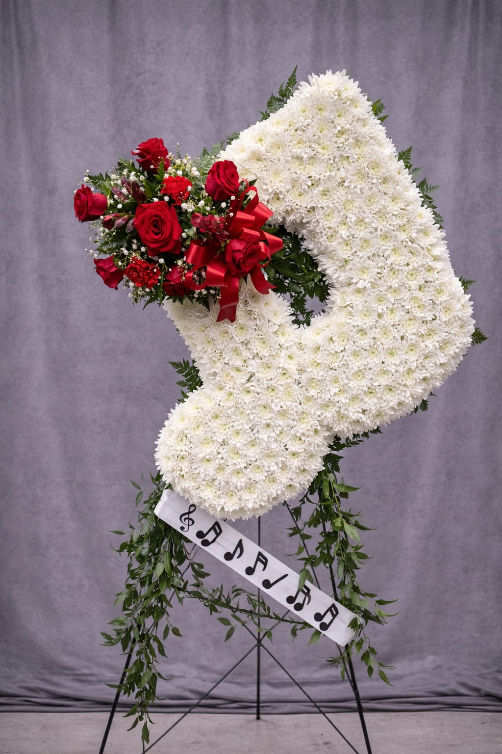 Final Melody - Final Melody is a beautifully crafted standing tribute designed in the shape of a musical note, honoring a life filled with music, passion, and artistry. Composed entirely of lush white chrysanthemums, this elegant design is accented with a vibrant cluster of red roses, delicate filler flowers, and flowing greenery for movement and dimension. A coordinating ribbon featuring musical notes completes the tribute with a meaningful finishing touch.  Perfect for musicians, choir members, music teachers, or anyone whose life was defined by song, Final Melody offers a heartfelt expression of remembrance. Displayed on a standing easel, this distinctive arrangement symbolizes a song that never truly ends — a life remembered through every cherished note.
