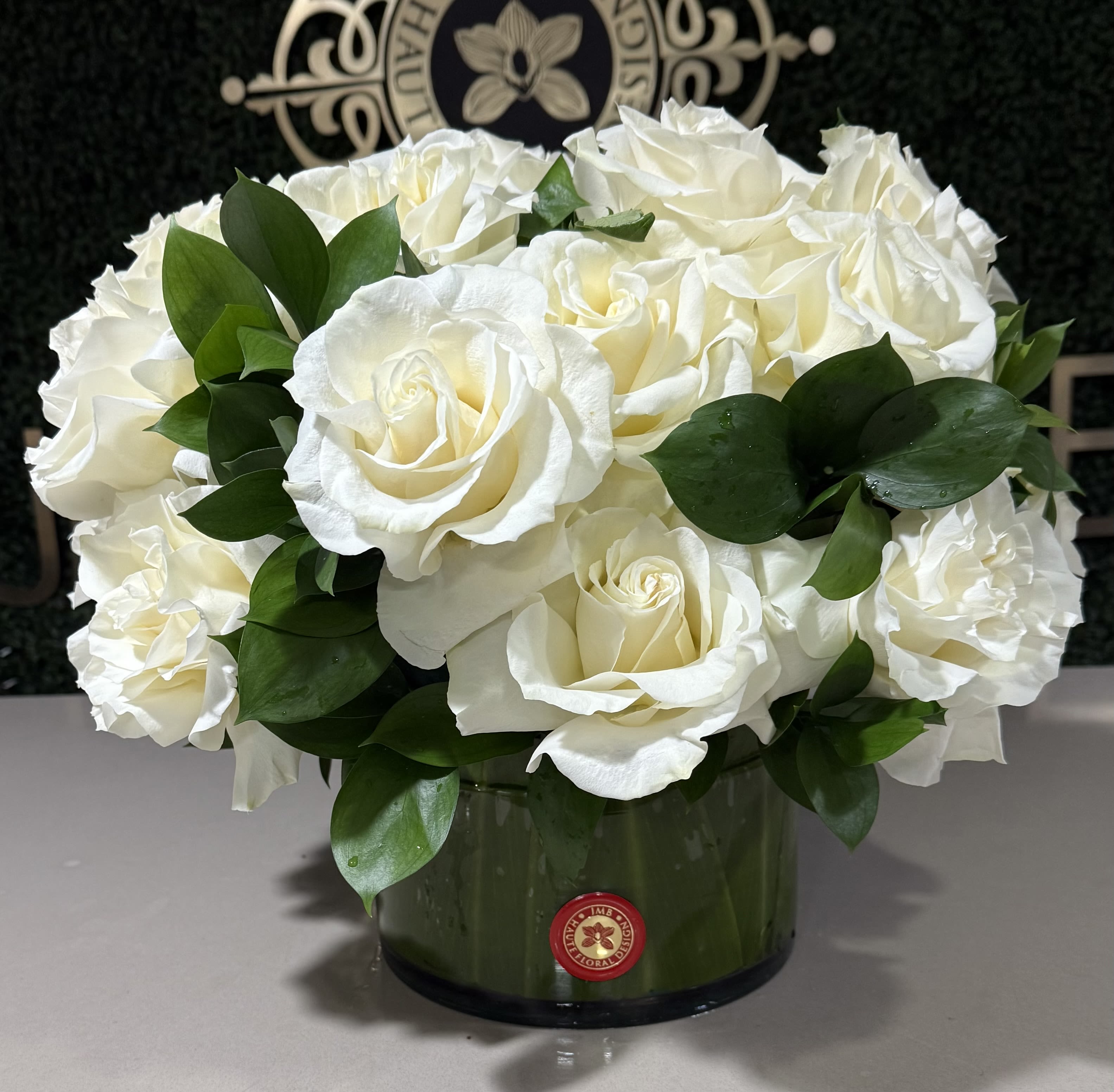 Luxe Rose Arrangement - Premium rose low arrangement in leaf lined vase, perfect for centerpiece or everyday floral,  available in your preferred color of choice. 