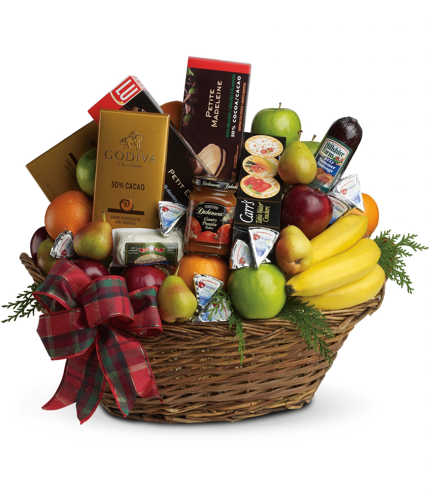 The Ultimate Christmas Basket  - The ultimate crowd pleaser, this basket is simply overflowing with deliciousness. It's sure to make a big impression on anyone from the boss to friends and family.    It holds all kinds of fresh fruit - from apples and pears to bananas and oranges - gourmet chocolates and cookies, cheeses, sausages, crackers and more. Plus, it's all wrapped and ribboned in a big delightful basket. Let the sumptuous snacking begin!    Approximately 22" W x 21" H      Please note: All of our bouquets and gift baskets are hand-arranged and delivered locally by professional florists. This item may require additional lead time so same-day delivery is not available.    Orientation: N/A        As Shown : T135-3A      Deluxe : T135-3B      Premium : T135-3C    
