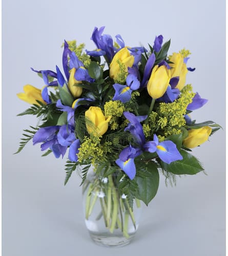 Tulip And Iris Bouquet - Perfect for Spring, this beautiful bouquet of yellow tulips and iris is sure to brighten your day!