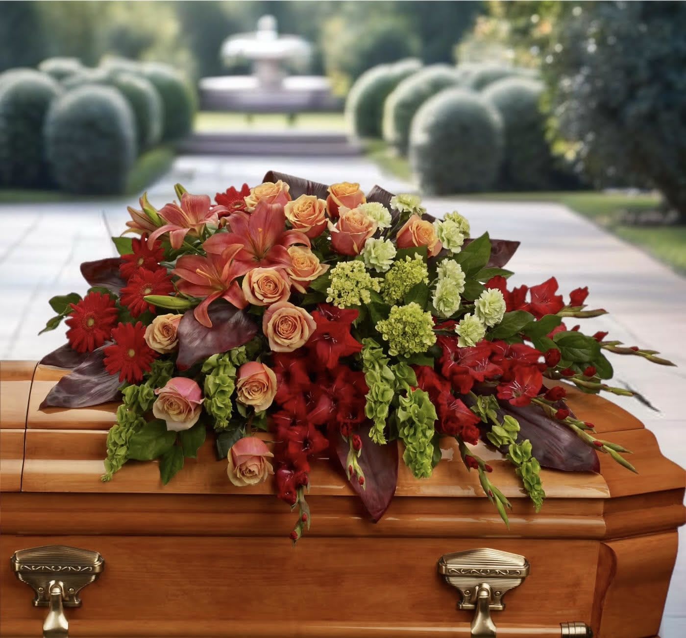 A Fond Farewell Casket Spray by Teleflora - An overflowing of love and respect is joyfully expressed in this truly magnificent casket spray of orange roses and lilies and other brilliant blooms. 