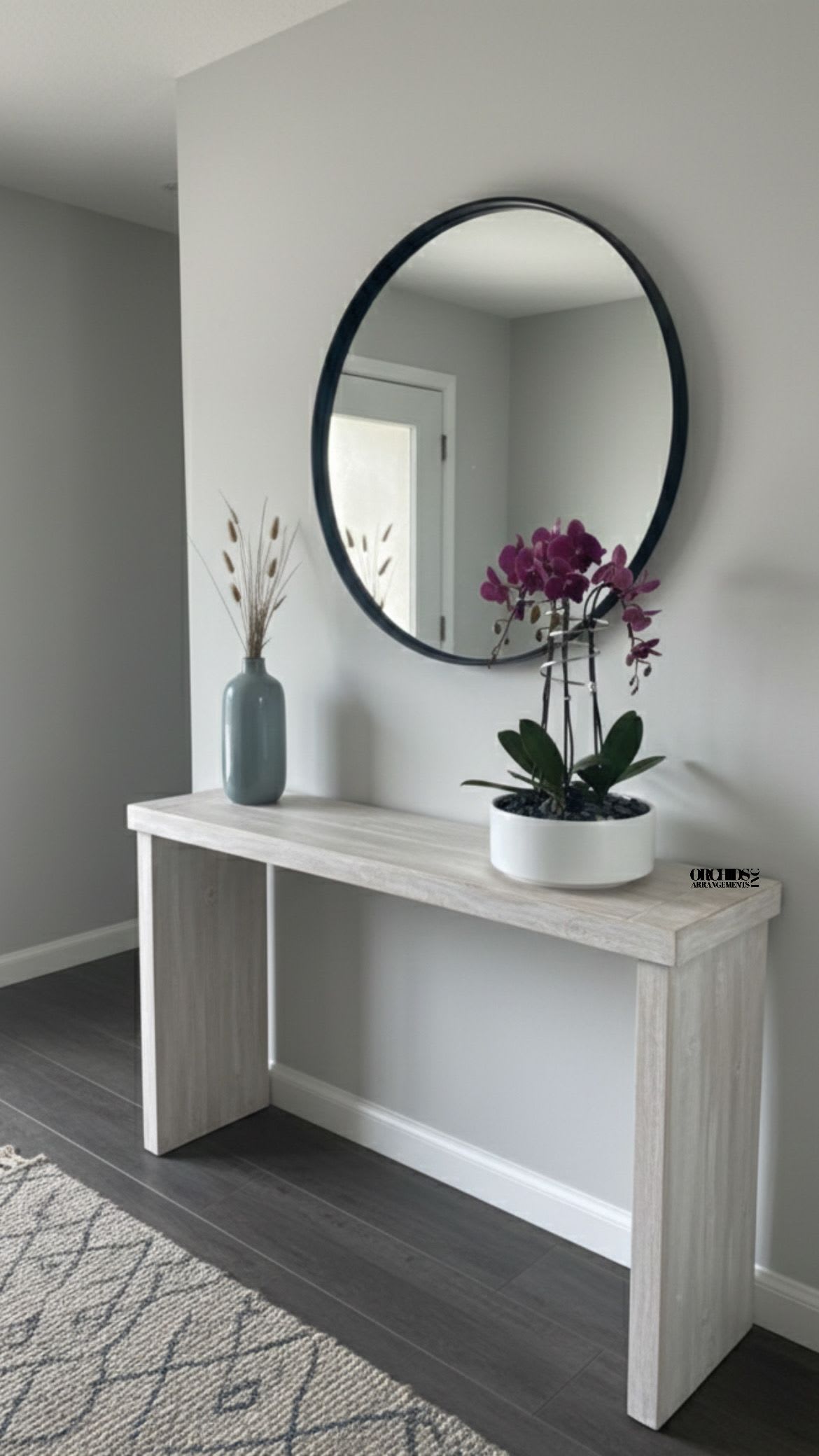 Purple Phalaenopsis Orchid – Contemporary Living Room Décor - This elegant Triple Purple Phalaenopsis Cascade orchid arrangement creates a striking vertical presence, making it ideal for grand interiors and modern living spaces with a vase 12" D X 6" T. 