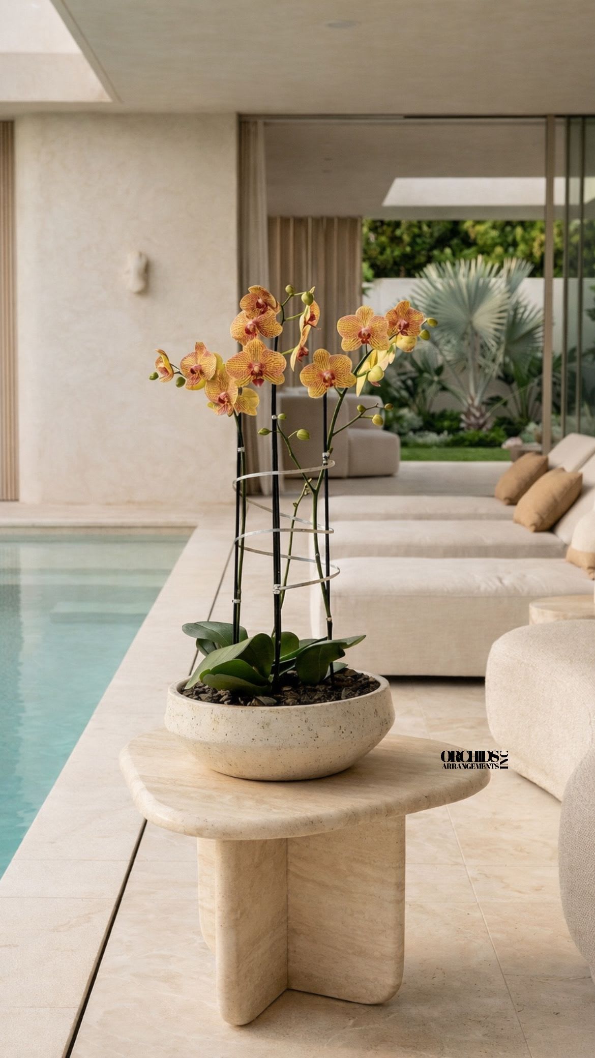 Peach Phalaenopsis Orchid – Dining Table Centerpiece - This elegant Triple Peach Phalaenopsis Cascade orchid arrangement creates a striking vertical presence, making it ideal for grand interiors and modern living spaces with a vase 13" D X 4.5" T. 