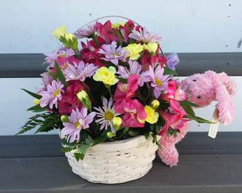 Bunny Basket - Spring blooms in a basket with a little plush bunny peaking around the side!!