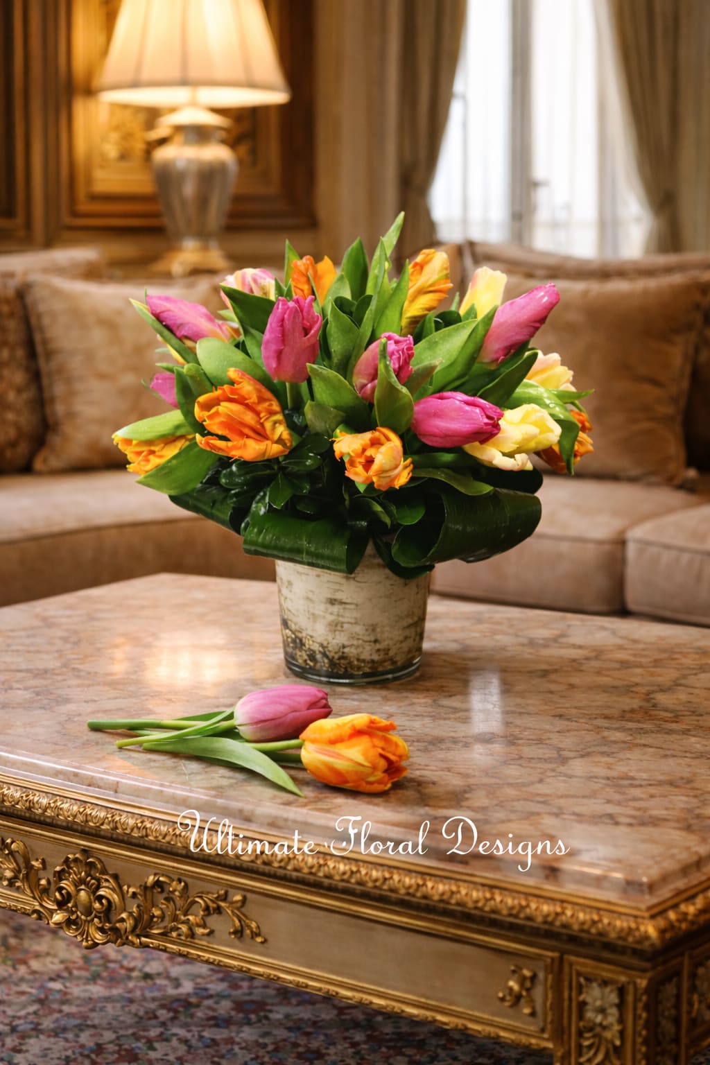 Spring Tulip Burst - A lively mix of tulips in vivid shades of orange, yellow, and hot pink, complemented by glossy green foliage and styled in a rustic birch-look vase. This colorful arrangement brings the essence of spring indoors. Tulip varieties and exact shades may vary based on seasonal availability at the time of order. Designed by Ultimate Floral Designs.