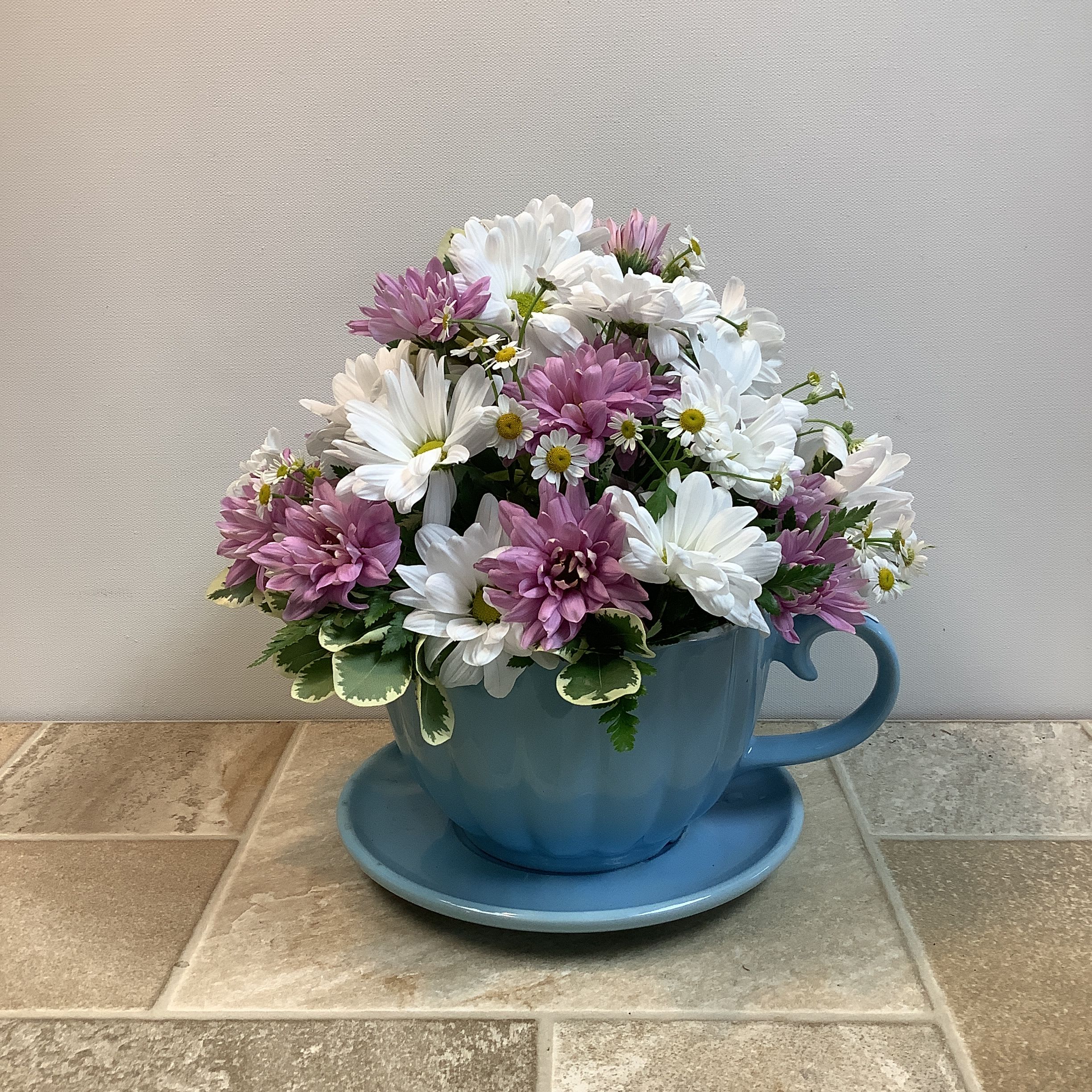 Daisy Cup - Bright and cheerful as a sunny morning, our Daisy Cup bouquet overflows with white and lavender daisies, delicate feverfew and greenery, all arranged in an oversized blue teacup planter with saucer.   It measures 12” wide x 11” high.   Primary flowers: daisy