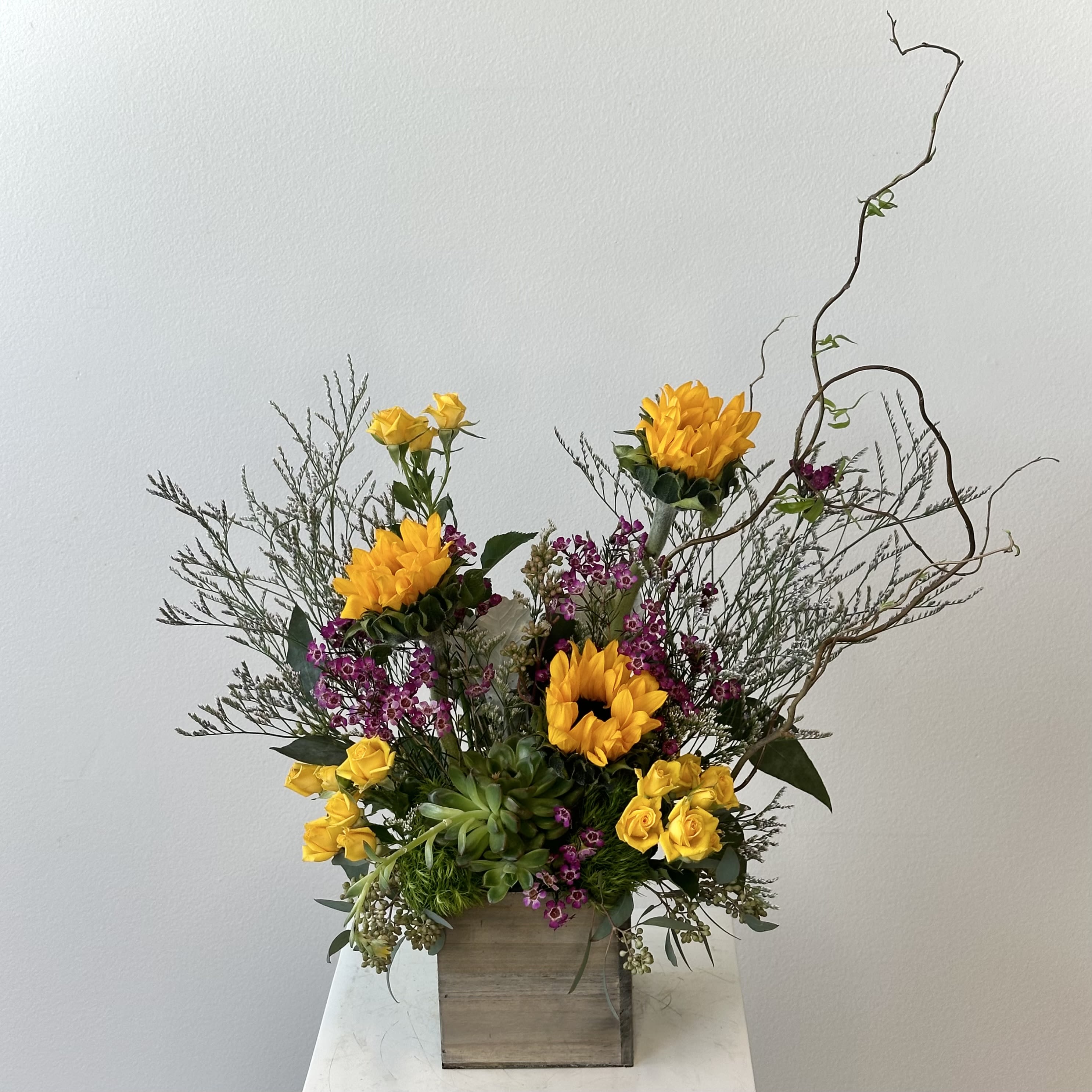 Rustic Sunshine - Discover the cheerful warmth of the Rustic Sunshine flower arrangement. This beautiful bouquet captures the essence of a sunny day in the countryside with its perfect blend of vibrant yellows and natural rustic textures. Featuring iconic sunflowers as the focal point, it radiates joy and positivity. The sunflowers are beautifully paired with bright yellow spray roses for added softness and elegance. A live succulent adds unique organic charm, while fluffy dianthus balls contribute lovely round texture. Tall curly willow branches bring dramatic height and movement, creating that signature wild rustic feel. Soft silvery dusty miller foliage offers beautiful contrast and a velvety touch, and delicate wax flowers fill the arrangement with dainty blooms and great longevity. This stunning combination makes the Rustic Sunshine ideal for birthdays, housewarming gifts, get well wishes, or simply brightening any space. Its warm, farmhouse-inspired look also makes it perfect for rustic weddings and autumn celebrations. Expertly hand-arranged with premium fresh flowers, the Rustic Sunshine delivers lasting beauty. Looking for a sunflower bouquet with yellow roses, succulents, and natural elements? This is the perfect choice. Bring home the golden glow of Rustic Sunshine today and celebrate life with its sunny, uplifting energy.