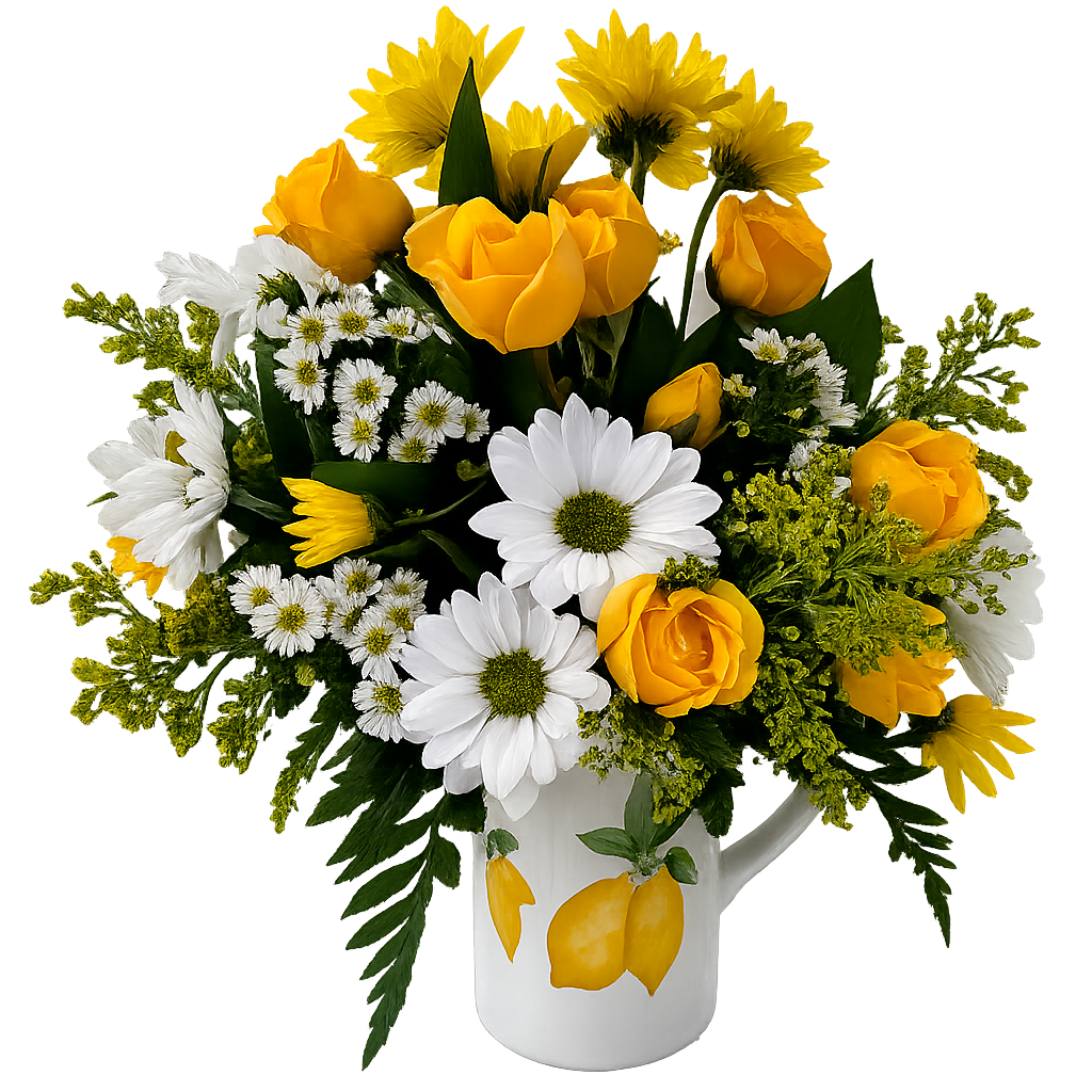 Coffee Break Bouquet -  Yellow spray roses, white daisys, wellow chrysanthemums, solidago and white monte arranged in a cheery coffee mug.