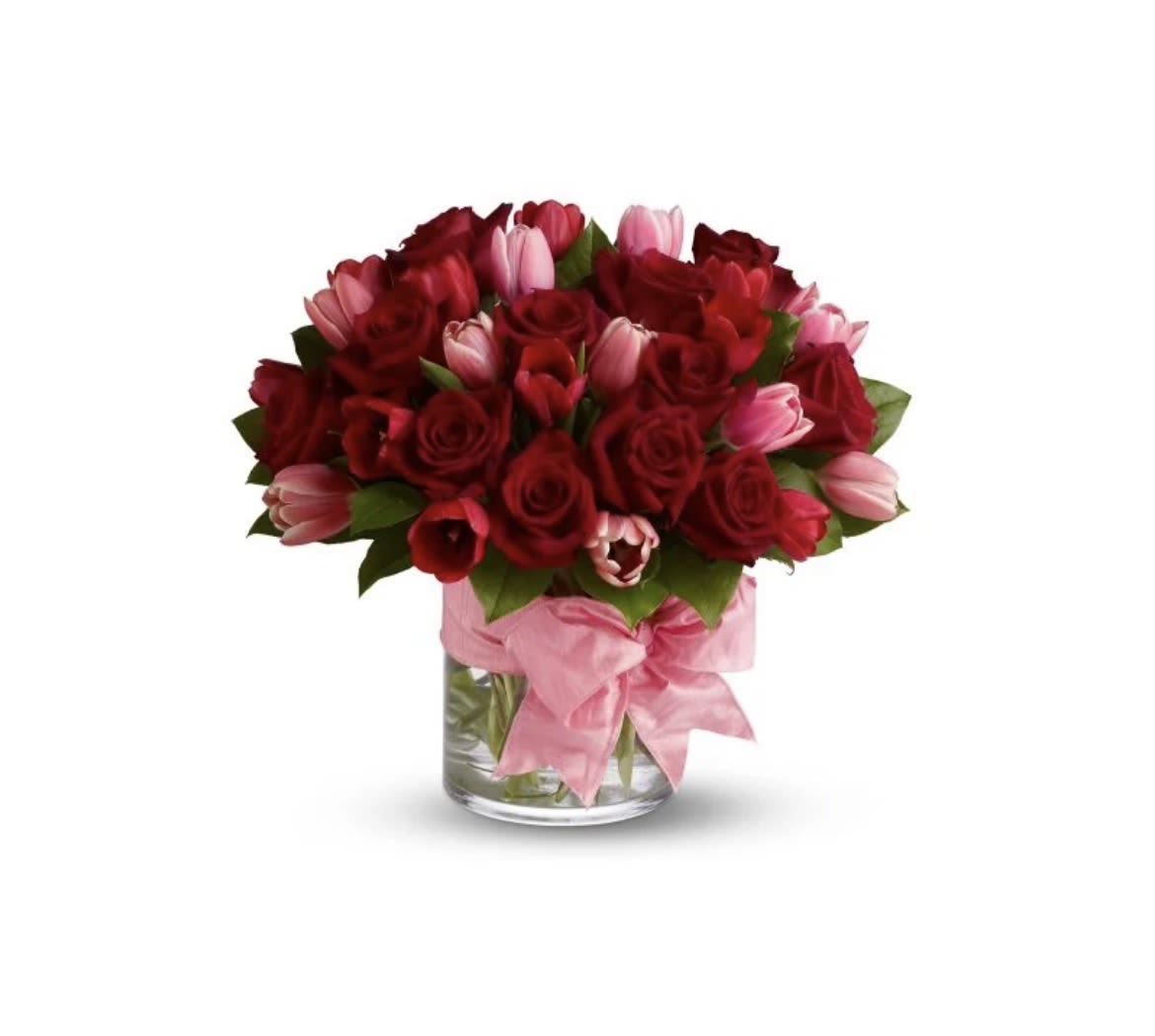 Cherry Blossom - 12 Red Roses and 12 Pink Tulips   12 Red Roses and Two Full bunches of Pink Tulips mounded Euro style in a glass cylinder vase.  The perfect arrangement for any birthday, Anniversary, or valentines day.
