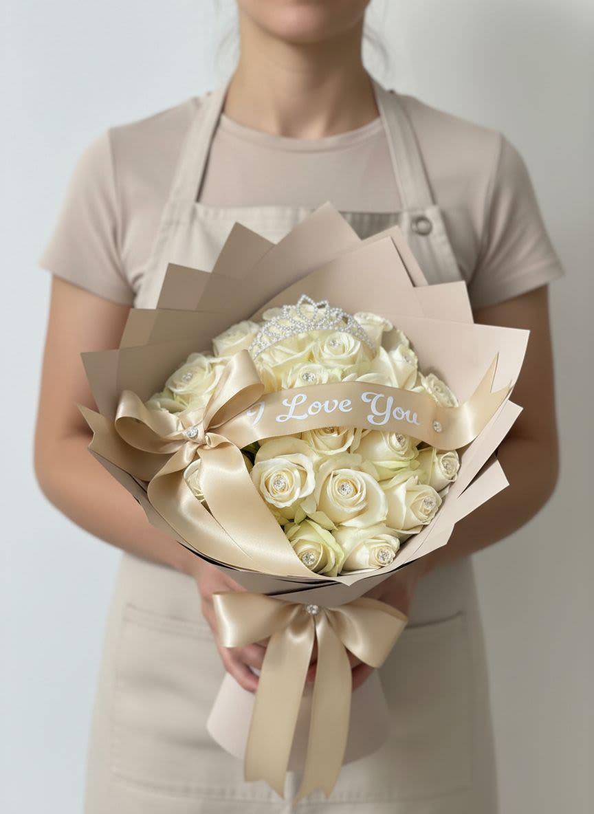 White Roses Love Signature Bouquet - An elegant expression of timeless love. This luxurious bouquet features premium ivory roses beautifully wrapped in soft neutral-toned designer paper and finished with a satin bow for a refined, modern look. A delicate “I Love You” ribbon detail adds the perfect romantic touch.  Designed to symbolize purity, devotion, and everlasting love, this bouquet is ideal for anniversaries, proposals, Valentine’s Day, or any moment that deserves something truly unforgettable.