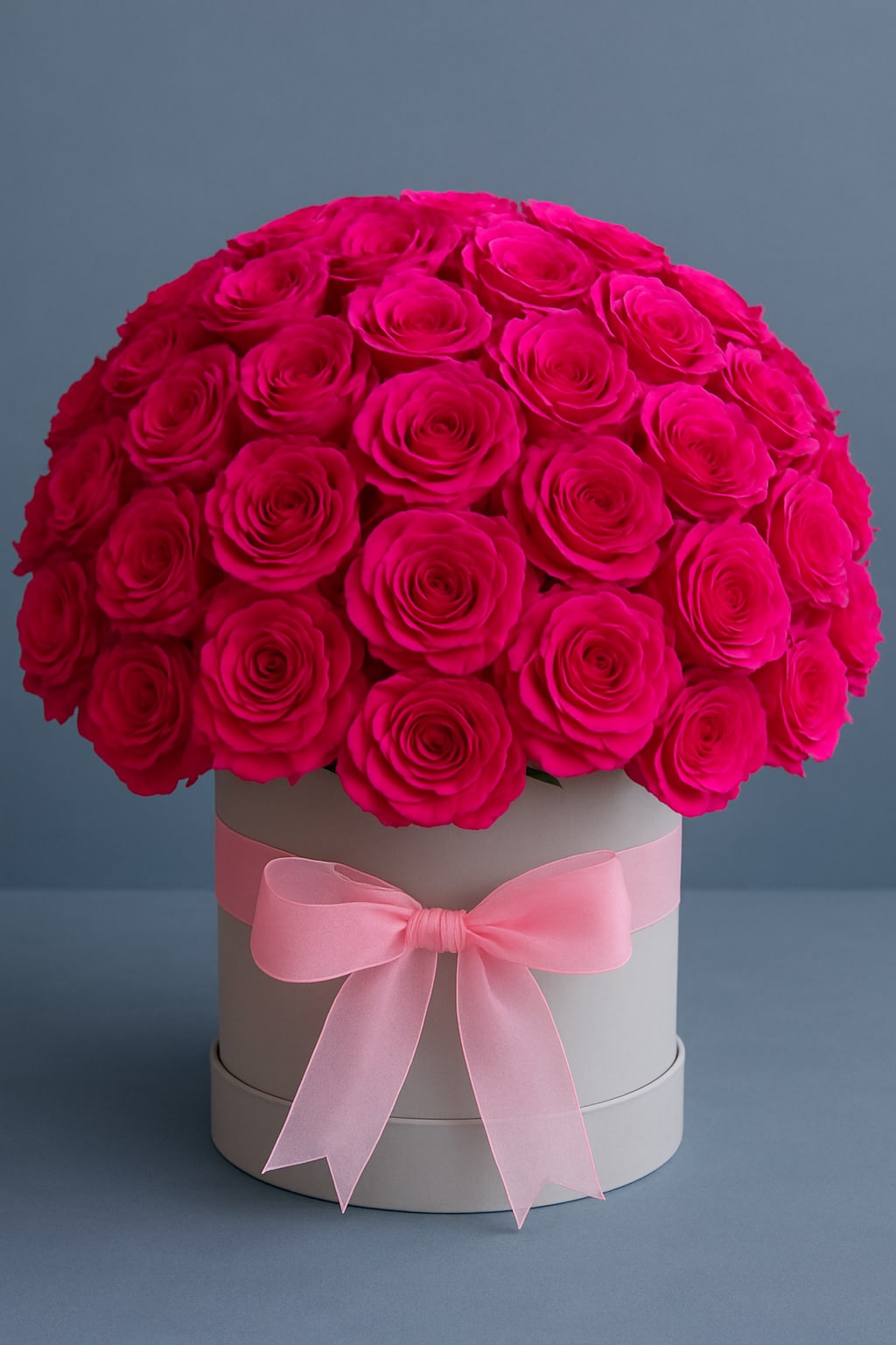 Round box arrangement of bright pink roses with a pink ribbon