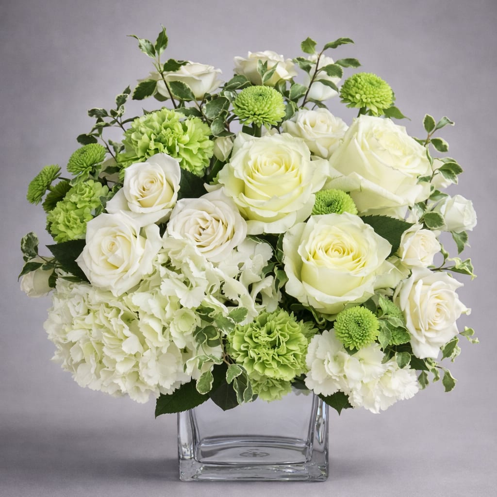 Eternally Elegant - This arrangement is a calming, peaceful gesture that shows them you care. Elegant white blooms accompany a timeless clear cube. Roses, green button and hydrangeas in a timeless matte white vase. Orientation: All-Around
