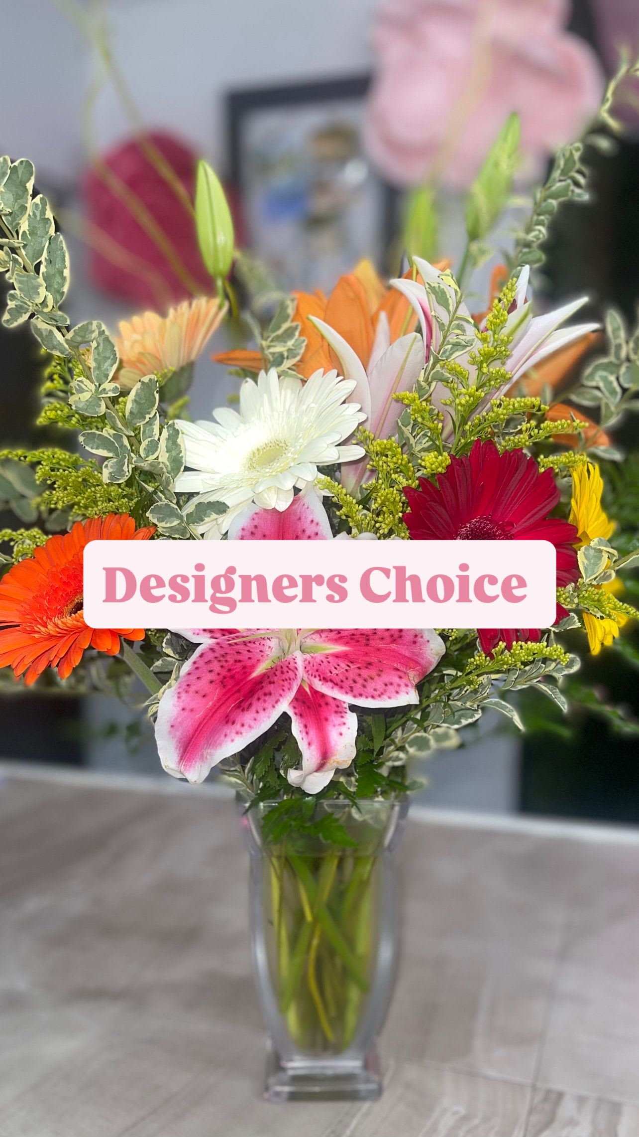Designer's Choice Vase Arrangement - Not sure what to order? Let our talented design team create a custom vase arrangement just for you! We use our freshest seasonal blooms to design an arrangement perfect for you. Thank you for you trust in letting our designers choose a lovely gift for the person you care about!     *If this arrangement is for a funeral or memorial service, we will thoughtfully our designer will modify the color palette to ensure it is appropriate for the service. 