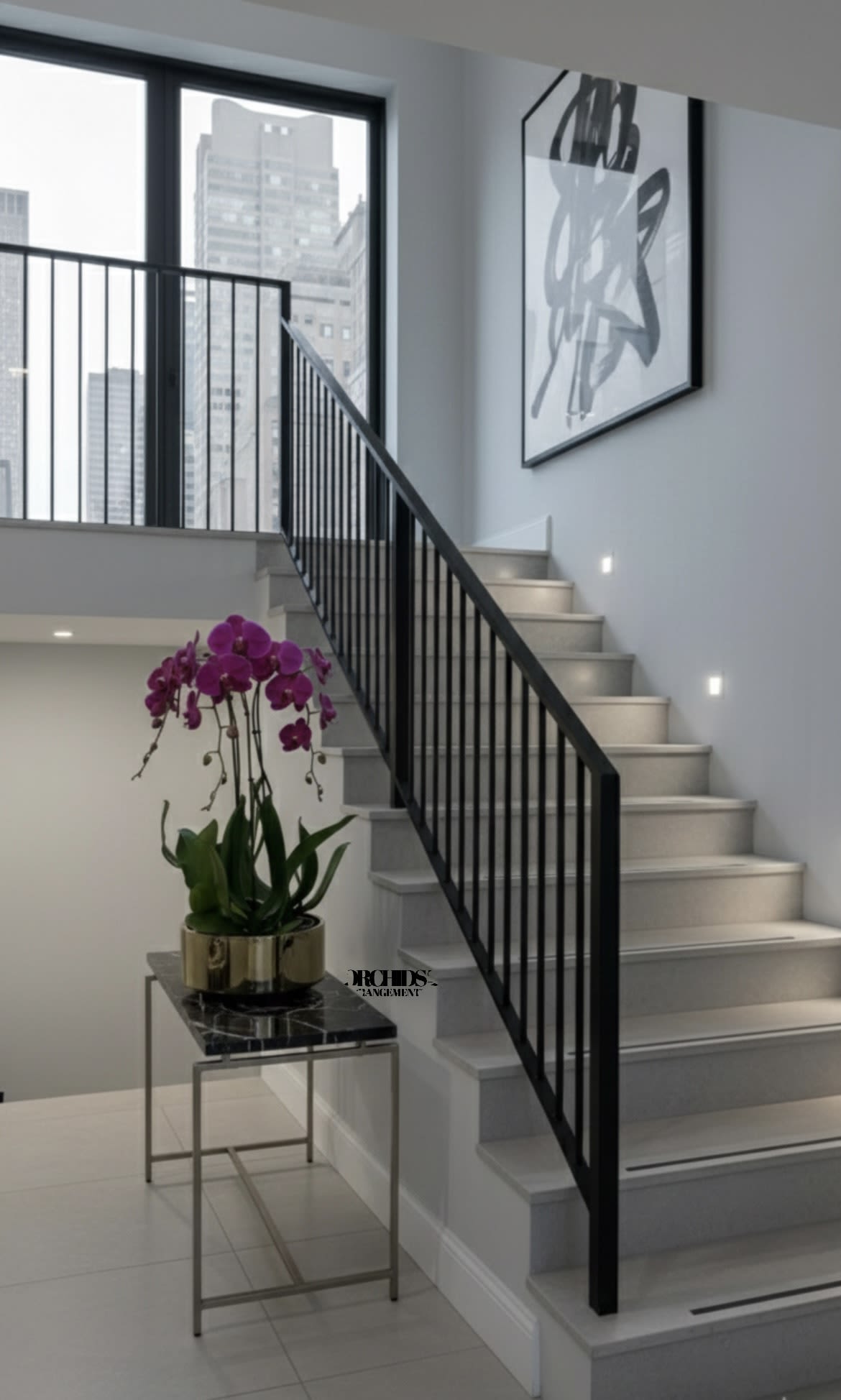 Purple Phalaenopsis Orchid – Luxury Statement Décor - This elegant Five Purple Phalaenopsis Cascade orchid arrangement creates a striking vertical presence, making it ideal for grand interiors and modern living spaces with a vase 12" D X 5" T.