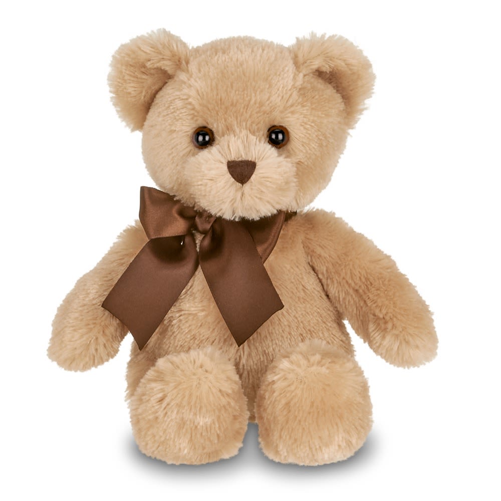 Plush teddy bear with a brown ribbon bow