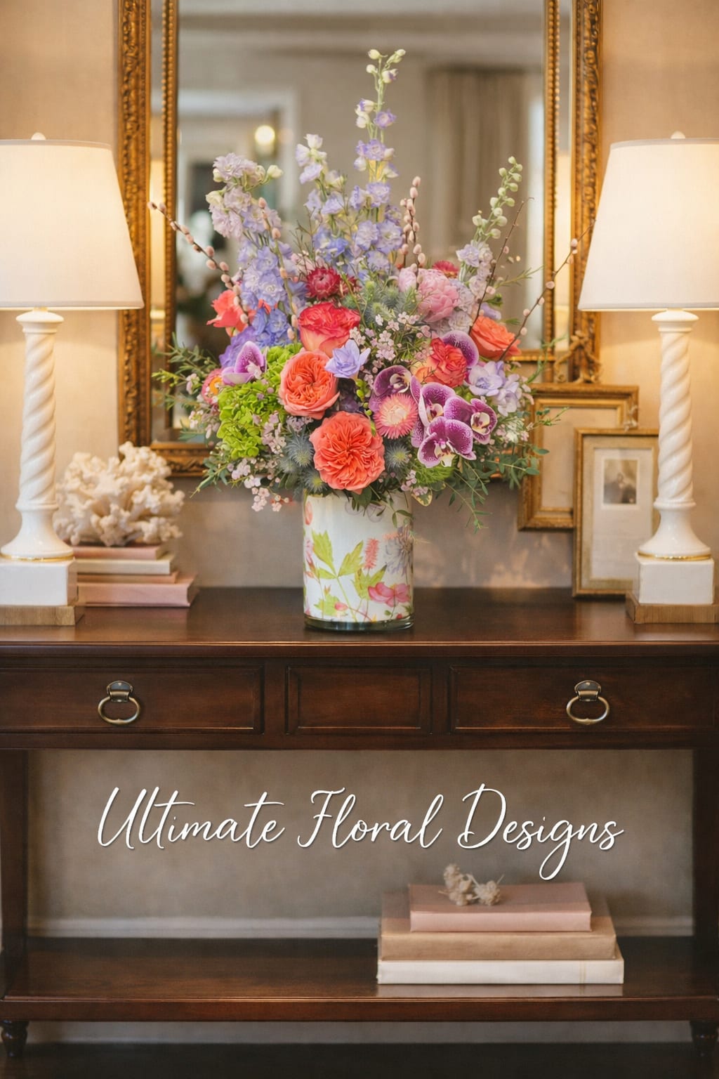 Spring Garden Blooms - An elegant garden-style floral design featuring coral roses, orchids, delphinium, and seasonal blooms accented with fresh greenery. Designed with natural movement and vibrant color, this piece reflects the signature style of Ultimate Floral Designs, known for luxurious floral designs and premium flowers.  Available for delivery in Great Falls, Northern Virginia, Washington DC, and Maryland.