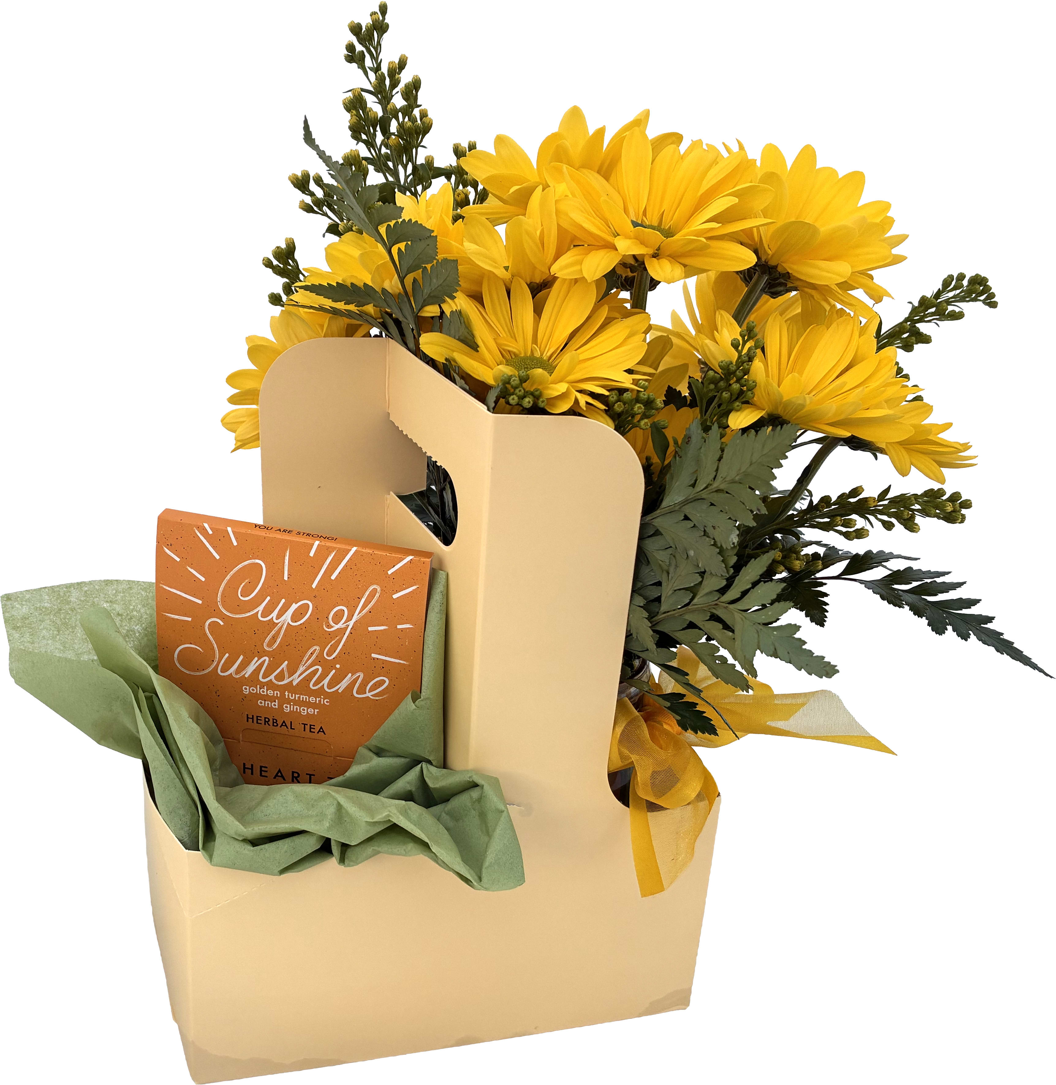 Bloom Caddy - Caddy with fresh designers choice arrangement and a packet of special 'tea for two'.