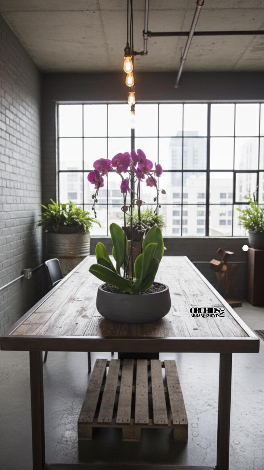 Purple Phalaenopsis Orchid – Modern Black Planter - This elegant Four Purple Phalaenopsis Cascade orchid arrangement creates a striking vertical presence, making it ideal for grand interiors and modern living spaces with a vase 12.5" D X 5" T. 