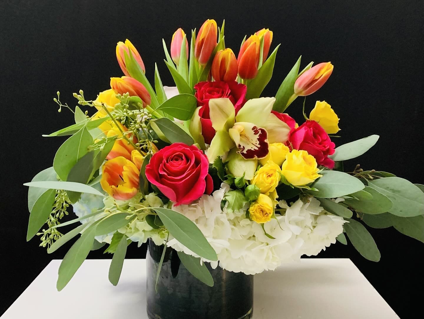 Sunshine Melody - Tulips, Roses, Hydrangeas, green 