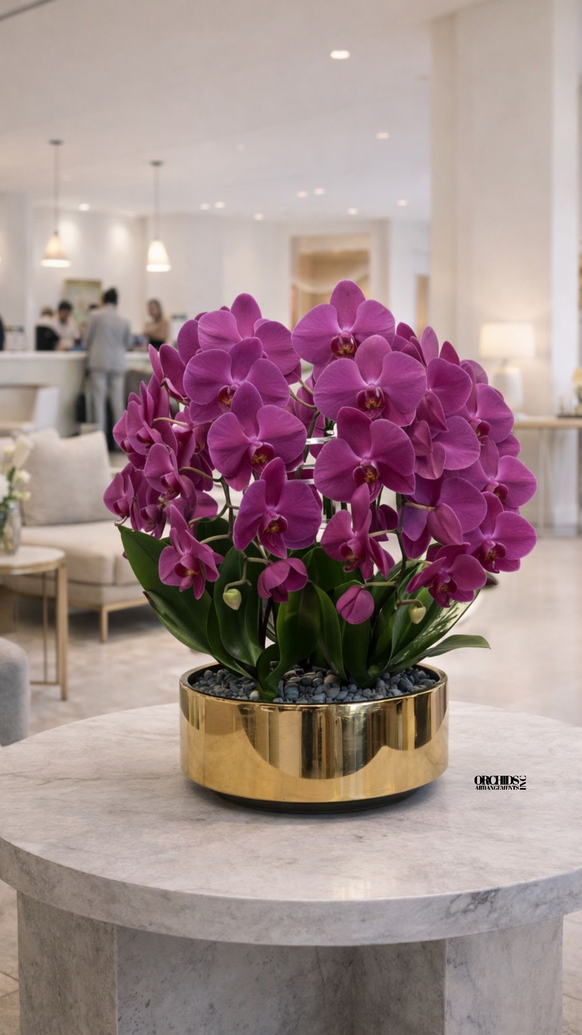 Purple Phalaenopsis Orchid – Luxury Gift  - This elegant Six Purple Phalaenopsis Cascade orchid arrangement creates a striking vertical presence, making it ideal for grand interiors and modern living spaces with a vase 12" D X 5" T. 