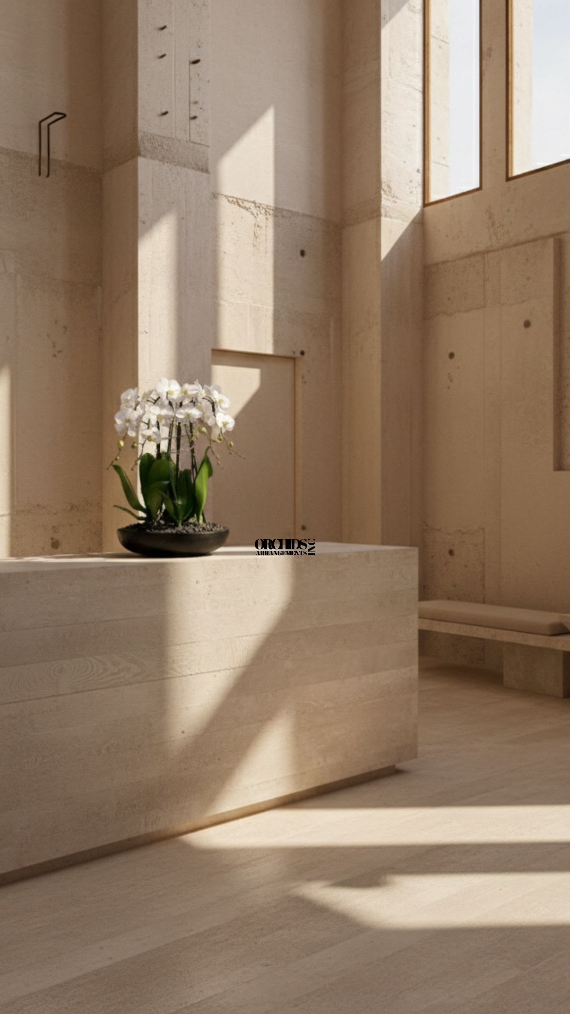 White Phalaenopsis Orchid – Contemporary Luxe Accent - This elegant Seven White Phalaenopsis Cascade orchid arrangement creates a striking vertical presence, making it ideal for grand interiors and modern living spaces with a vase 20" D X 4" T. 