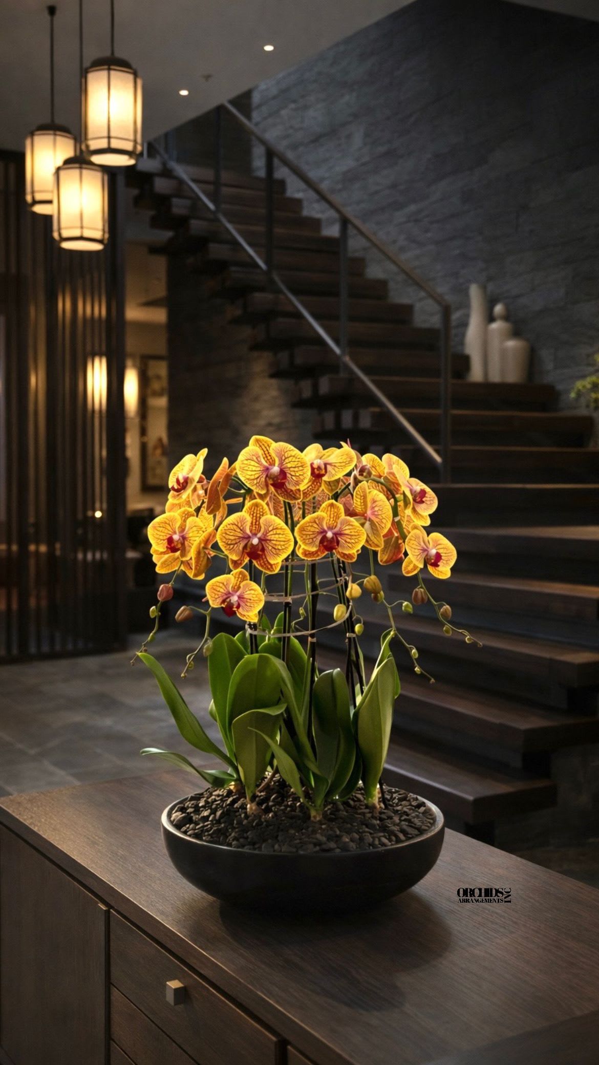 Peach Phalaenopsis Orchid – Contemporary Luxe Accent - This elegant Seven Peach Phalaenopsis Cascade orchid arrangement creates a striking vertical presence, making it ideal for grand interiors and modern living spaces with a vase 20" D X 4" T.