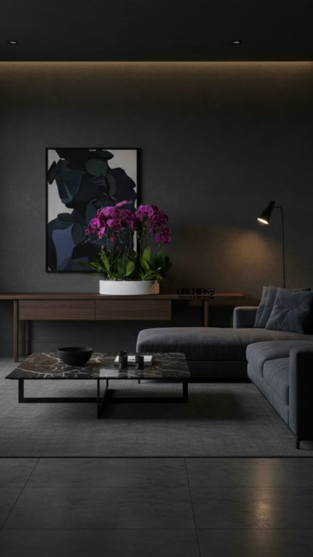 Purple Phalaenopsis Orchid – Refined Tabletop Display - This elegant Seven Purple Phalaenopsis Cascade orchid arrangement creates a striking vertical presence, making it ideal for grand interiors and modern living spaces with a vase 19.5" D X 4" T. 