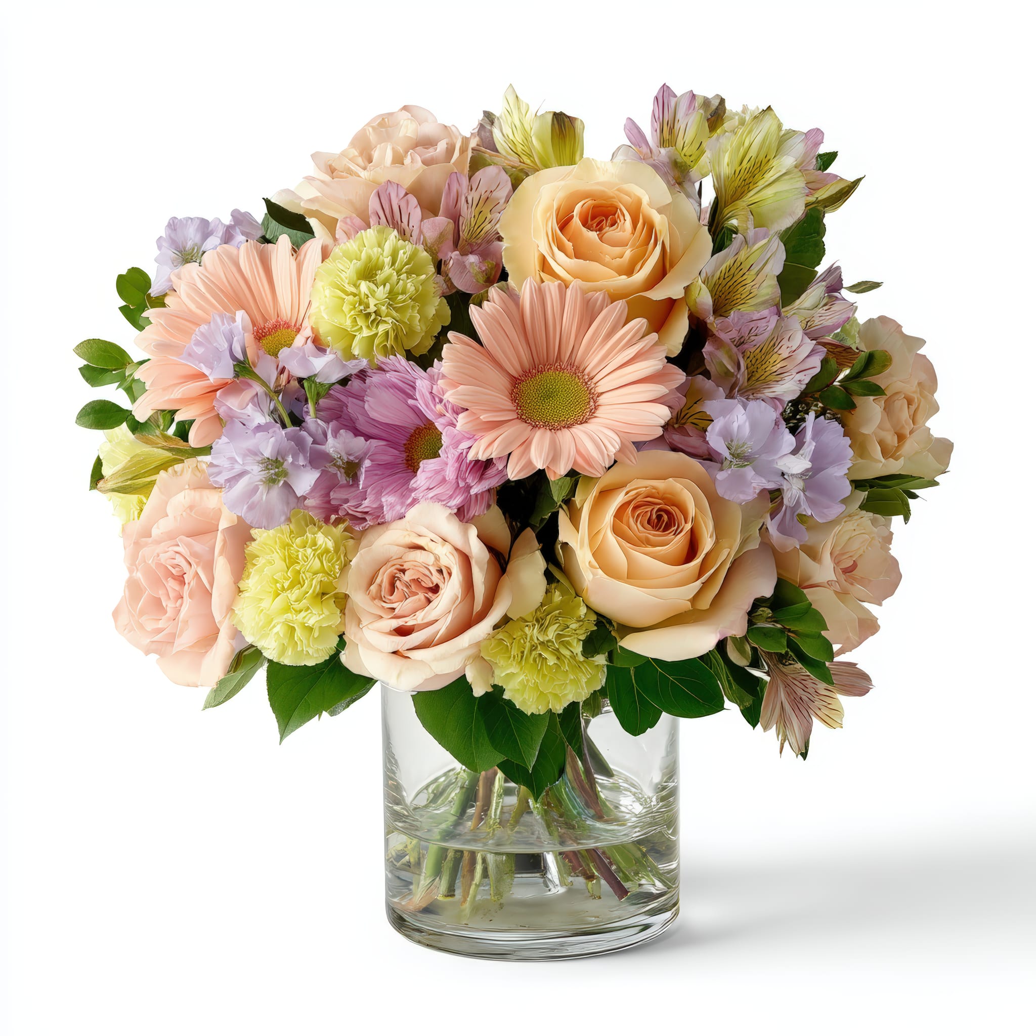 Haven - Elegant yet playful, this combination of flowers like roses, carnations, and gerbera-style daisies delights with every glance.