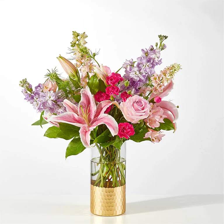 Mauvelous Bouquet - Timeless and glam, this gift of pink roses, lavender stock and starfighter lilies is a mauvelous way to send best wishes, birthday joy, or anniversary love.