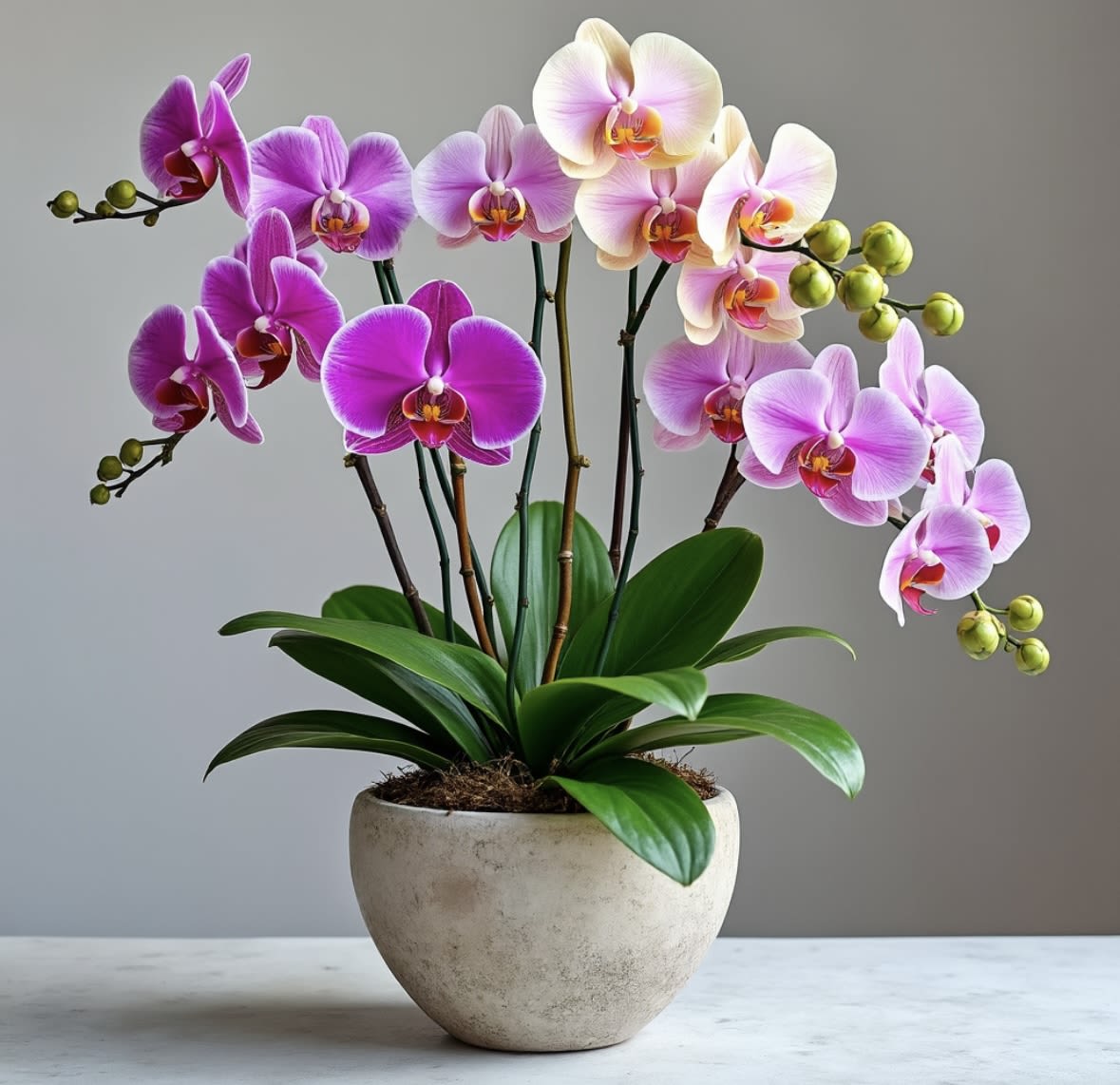 Potted orchid arrangement with pink and white blooms in a ceramic planter