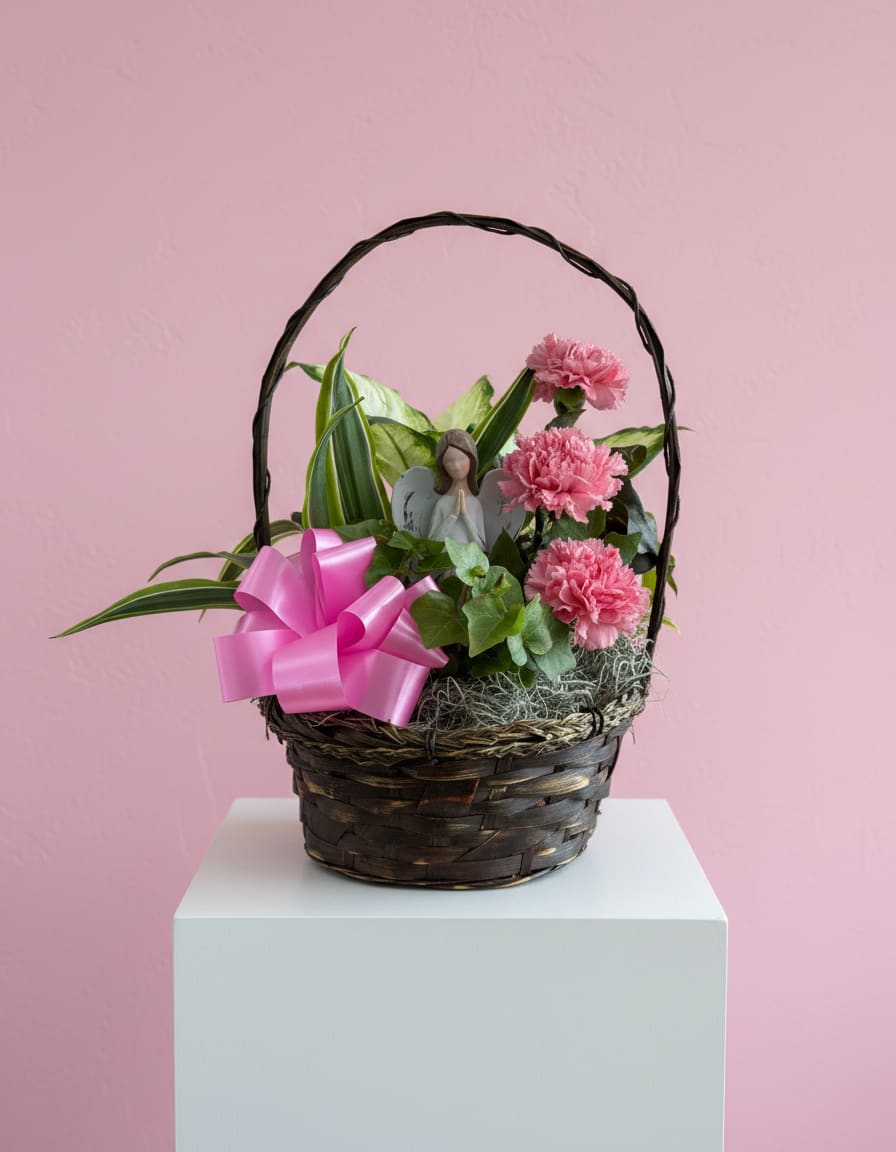 Angel Garden Basket - A medium-sized garden basket featuring fresh pink carnations and a wildflower butterfly angel figurine. Finished with a pink bow.  Customization: Call or add a note at checkout for a different bow or carnation color.