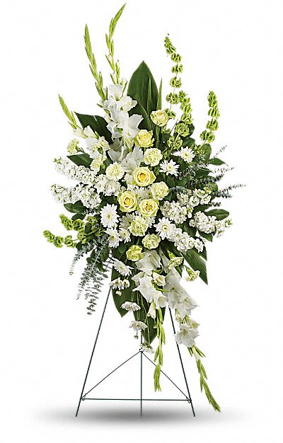 White Elegance Spray - White Elegance Spray is an asymmetrical design that hosts tones of white, cream, and green flowers. Roses, gladiolas, and bells of Ireland are showcased to make a lush and grand presence. 