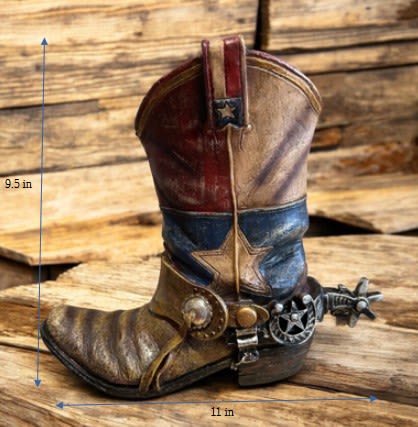 Decorative cowboy boot with a Texas flag design and star accents